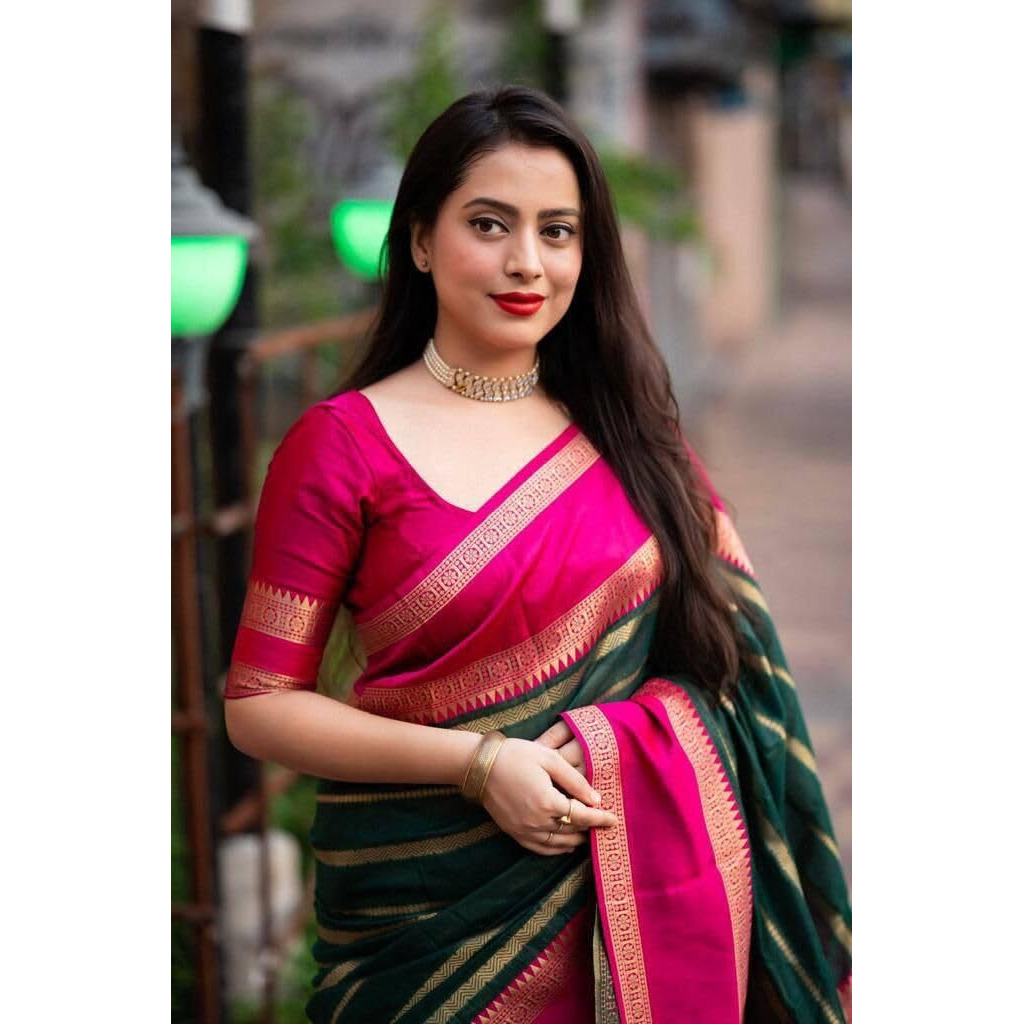 Yashika Women's Latest Woven Printed Kanjivaram Banarasi Art Silk Saree with Unstitched Blouse Material-Suitable for All Indian Weddings and Festivals (AZ-YS-OG-CHAMKILI-Parent_Green)