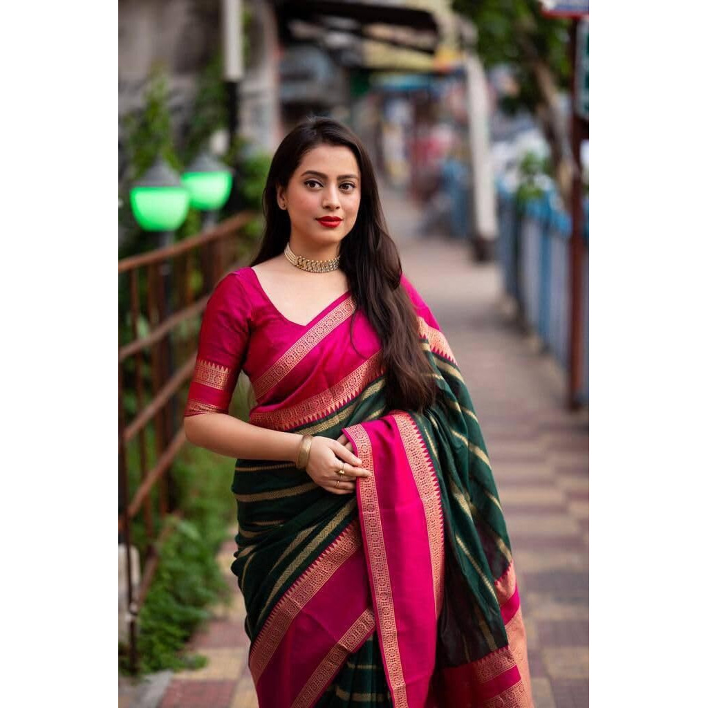 Yashika Women's Latest Woven Printed Kanjivaram Banarasi Art Silk Saree with Unstitched Blouse Material-Suitable for All Indian Weddings and Festivals (AZ-YS-OG-CHAMKILI-Parent_Green)