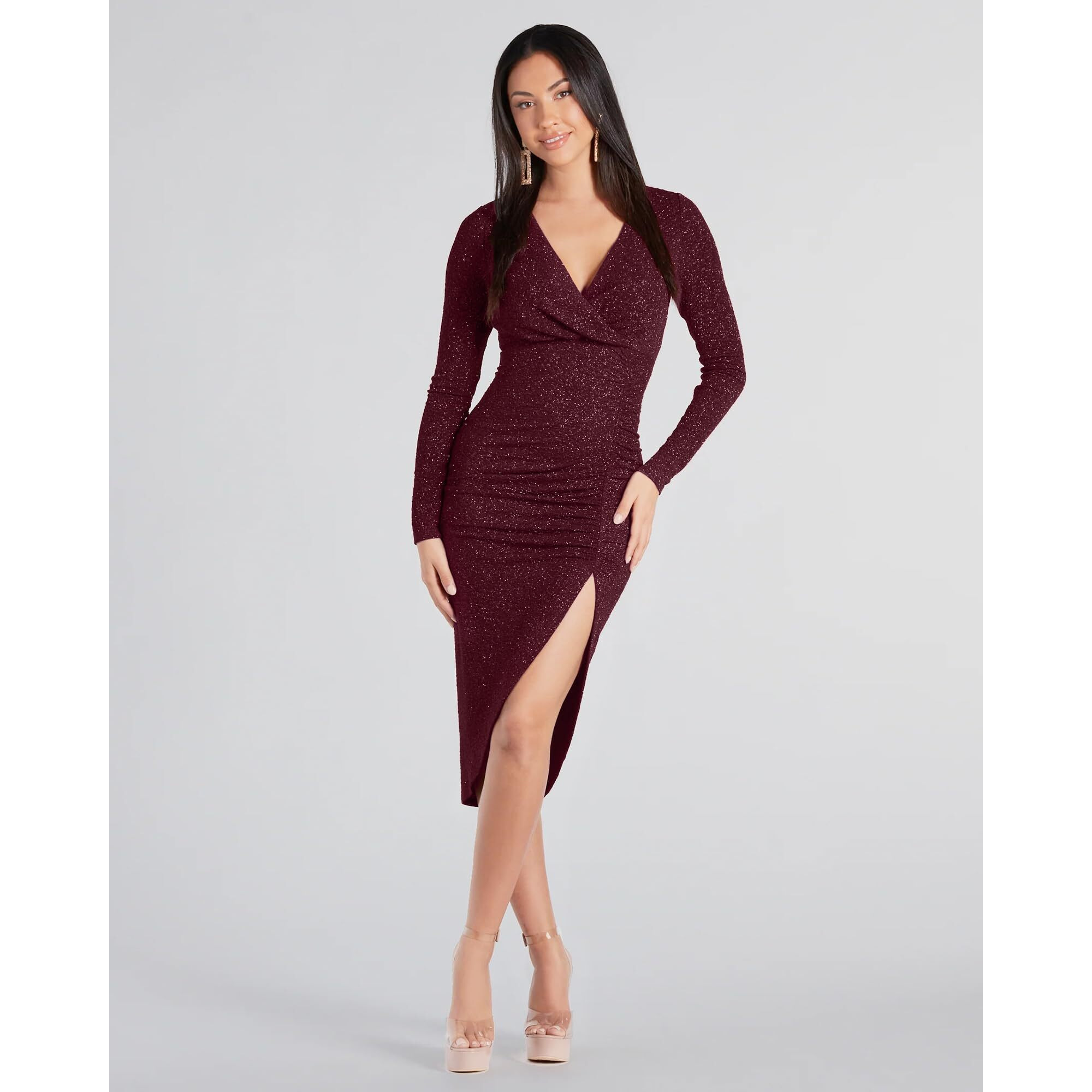 ADDYVERO V-Neck Long Sleeve Gliter Solid Front Slit Front Ruched Seam Bodycon Above Knee Length Women Party Dress (Wine, S)