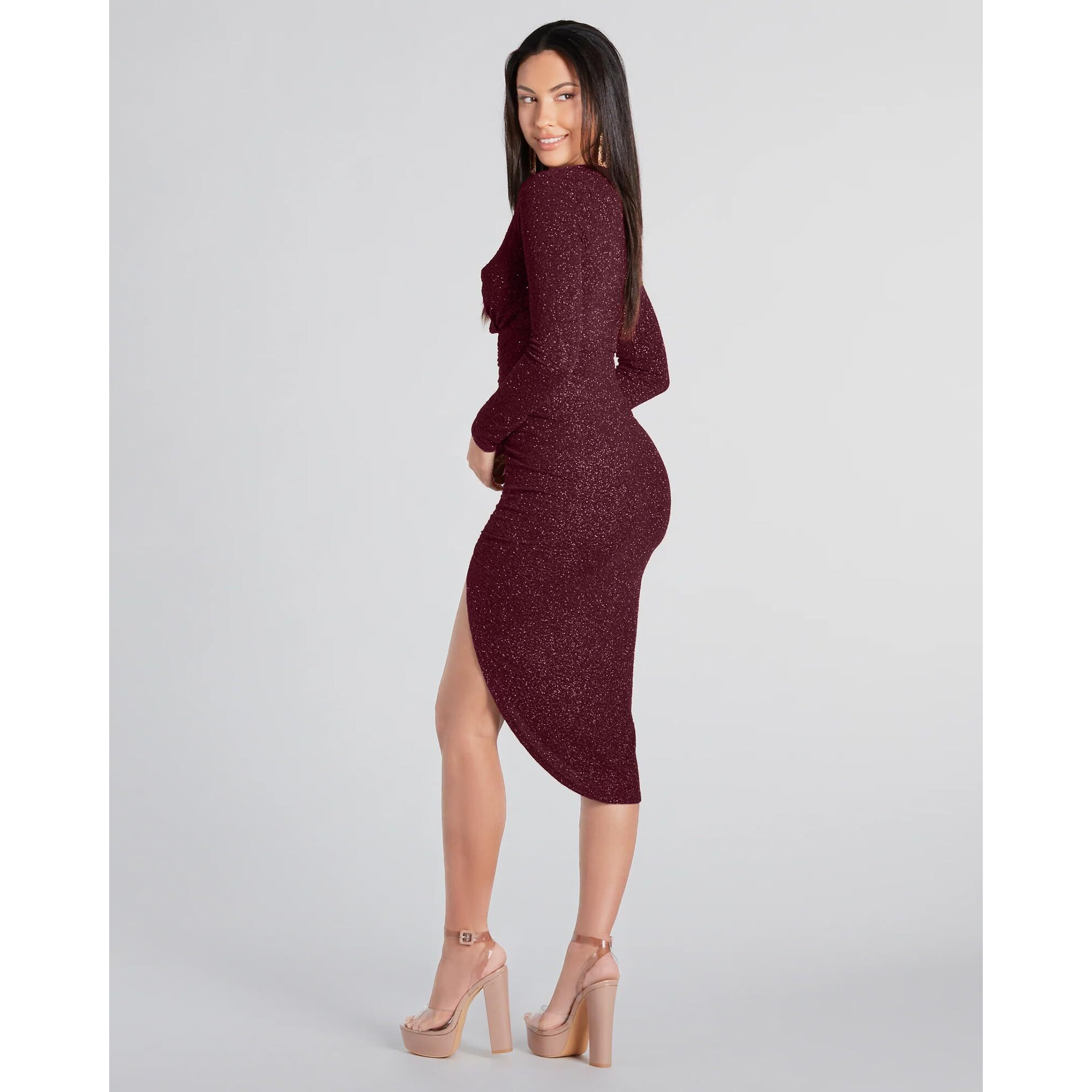 ADDYVERO V-Neck Long Sleeve Gliter Solid Front Slit Front Ruched Seam Bodycon Above Knee Length Women Party Dress (Wine, S)