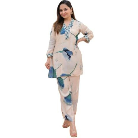 GRECIILOOKS Women Rayon A-Line Regular Fit Co Ord Sets (OFFWHITE, Large)