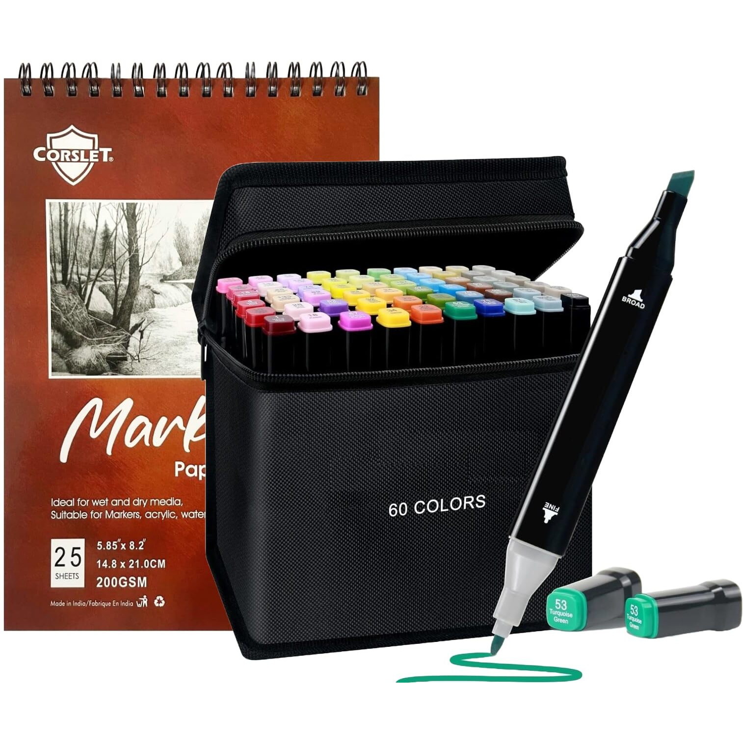 Corslet 60 Pc Dual Tip Markers Alcoholic Markers Set Colour Markers for Drawing Marker Pens for Drawing Markers Alcohol Markers with Marker Paper Pad Sketchbook Bleedproof 200gsm 50pages (25sheets)