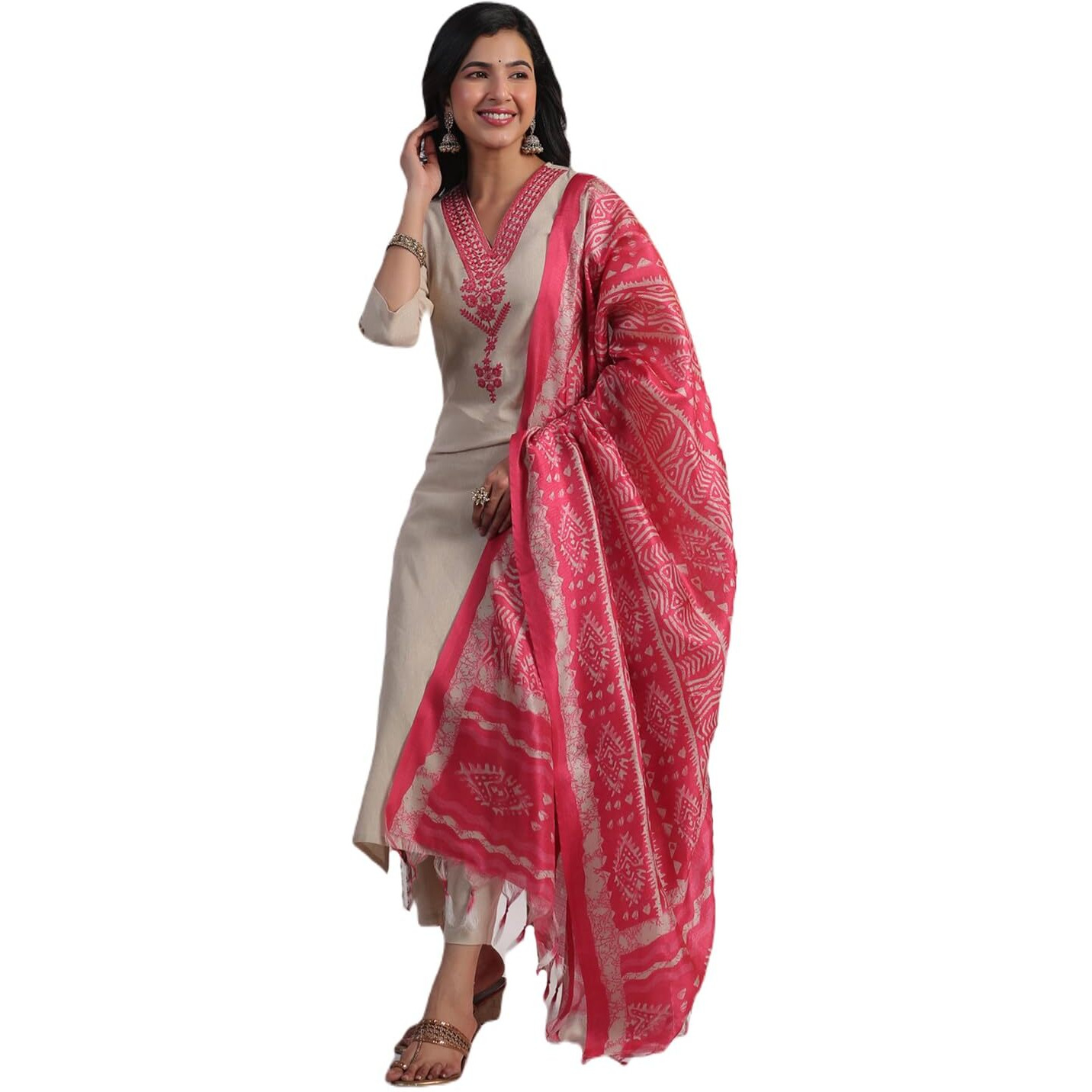 GoSriKi Women's Rayon Blend Embroidered Straight Kurta with Pant & Dupatta (Jankari Pink-NSW-GS_4XL_Pink_XXXX-Large)