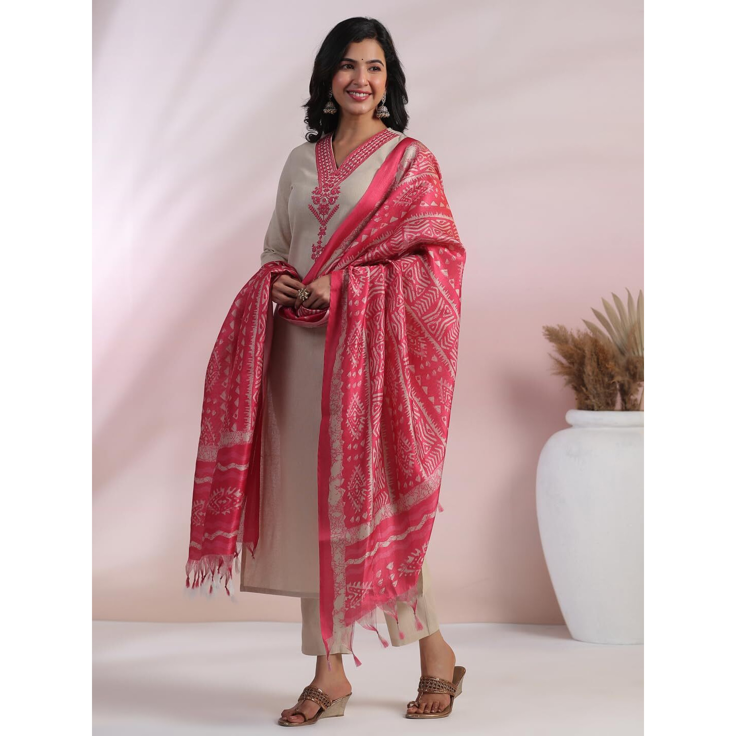 GoSriKi Women's Rayon Blend Embroidered Straight Kurta with Pant & Dupatta (Jankari Pink-NSW-GS_4XL_Pink_XXXX-Large)