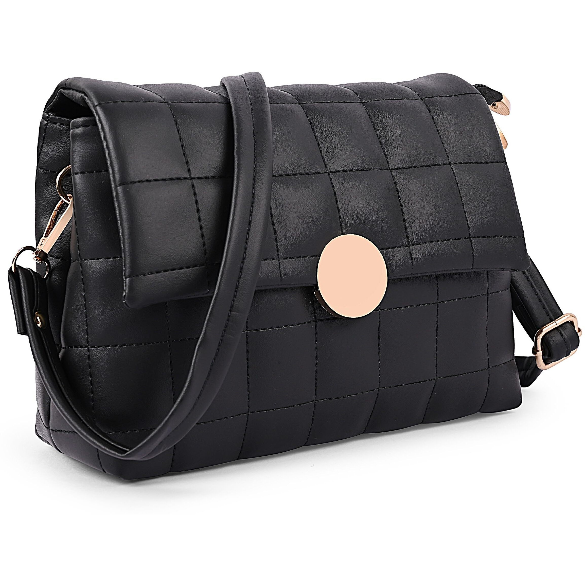 ADISA Women's Girls Quilted Cross Body Sling Bag with Height Adjustable Belt (SL5144_Black)