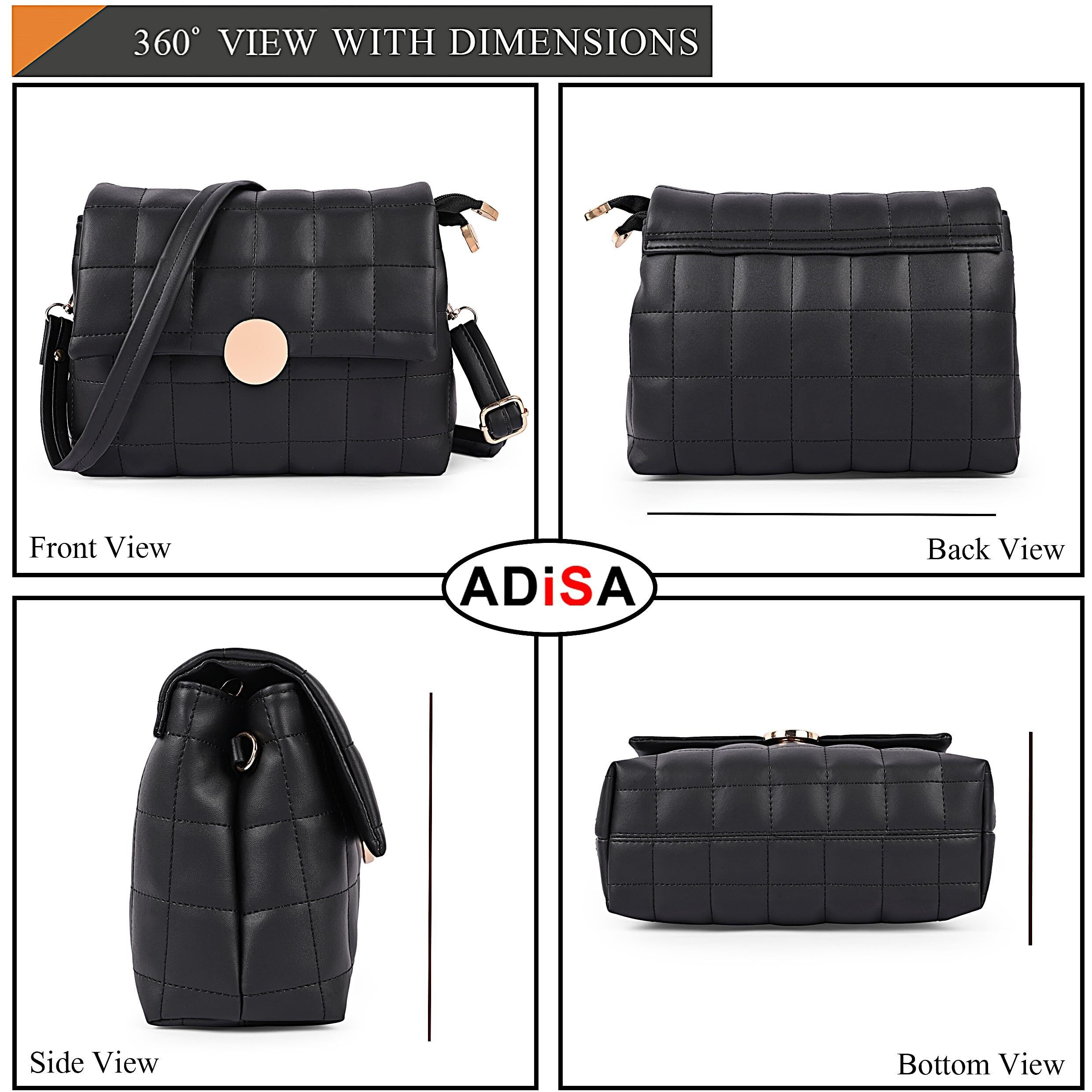 ADISA Women's Girls Quilted Cross Body Sling Bag with Height Adjustable Belt (SL5144_Black)