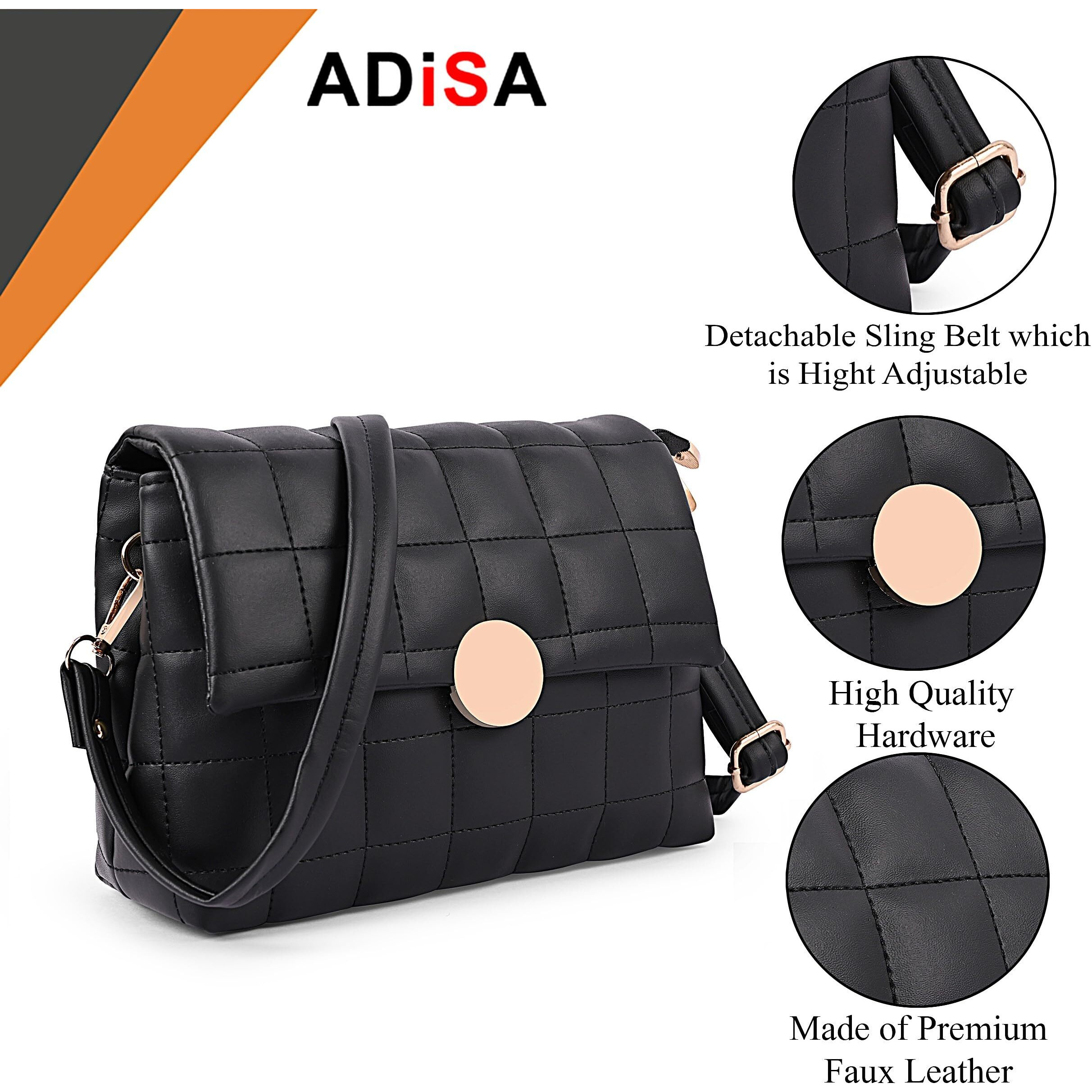 ADISA Women's Girls Quilted Cross Body Sling Bag with Height Adjustable Belt (SL5144_Black)
