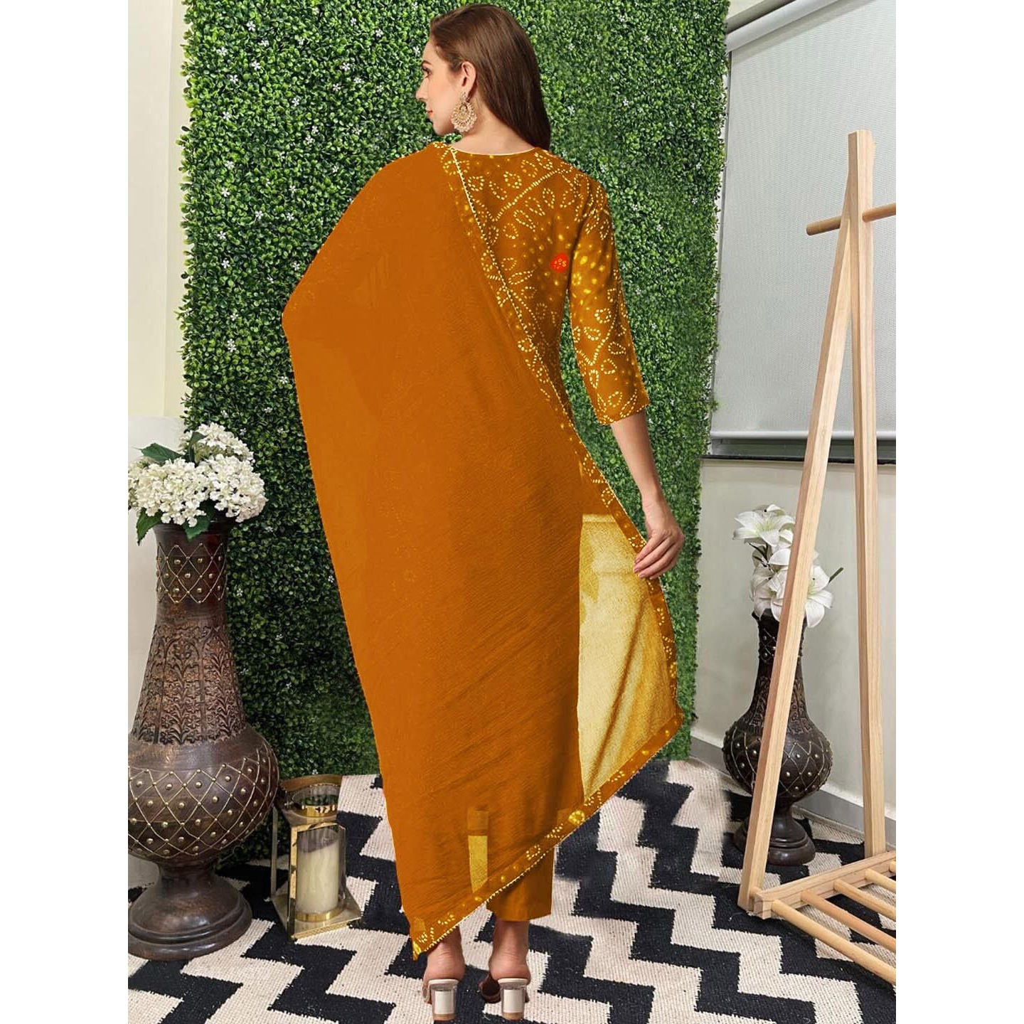 GoSriKi Women's Rayon Blend Straight Bandhej Printed Kurta with Pant & Dupatta (Turae Mustard-GS_XXL_Mustard_XX-Large)