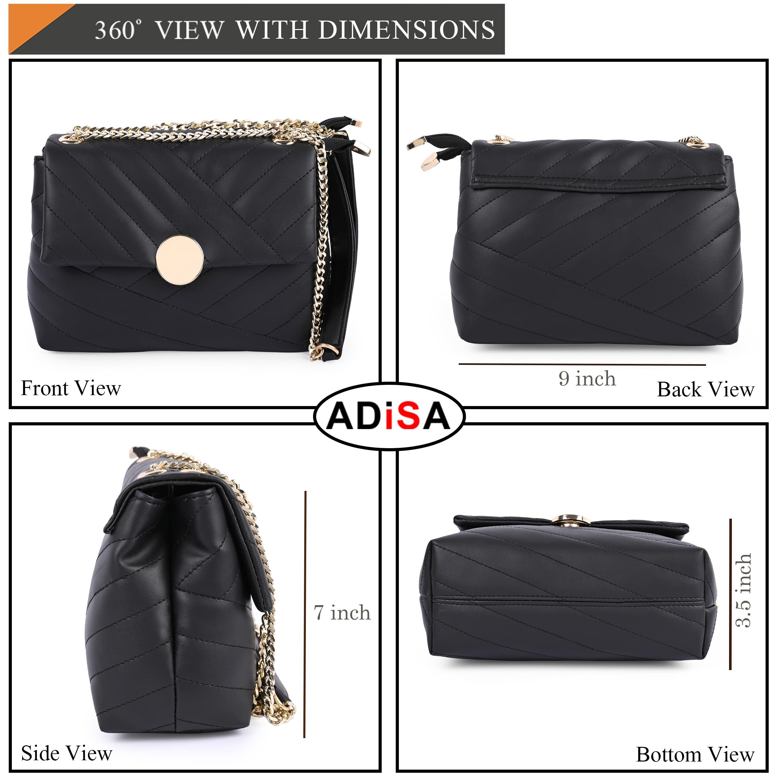 ADISA Women's Girls Quilted Cross Body Sling Bag with Gold Chain (SL5136_Black)