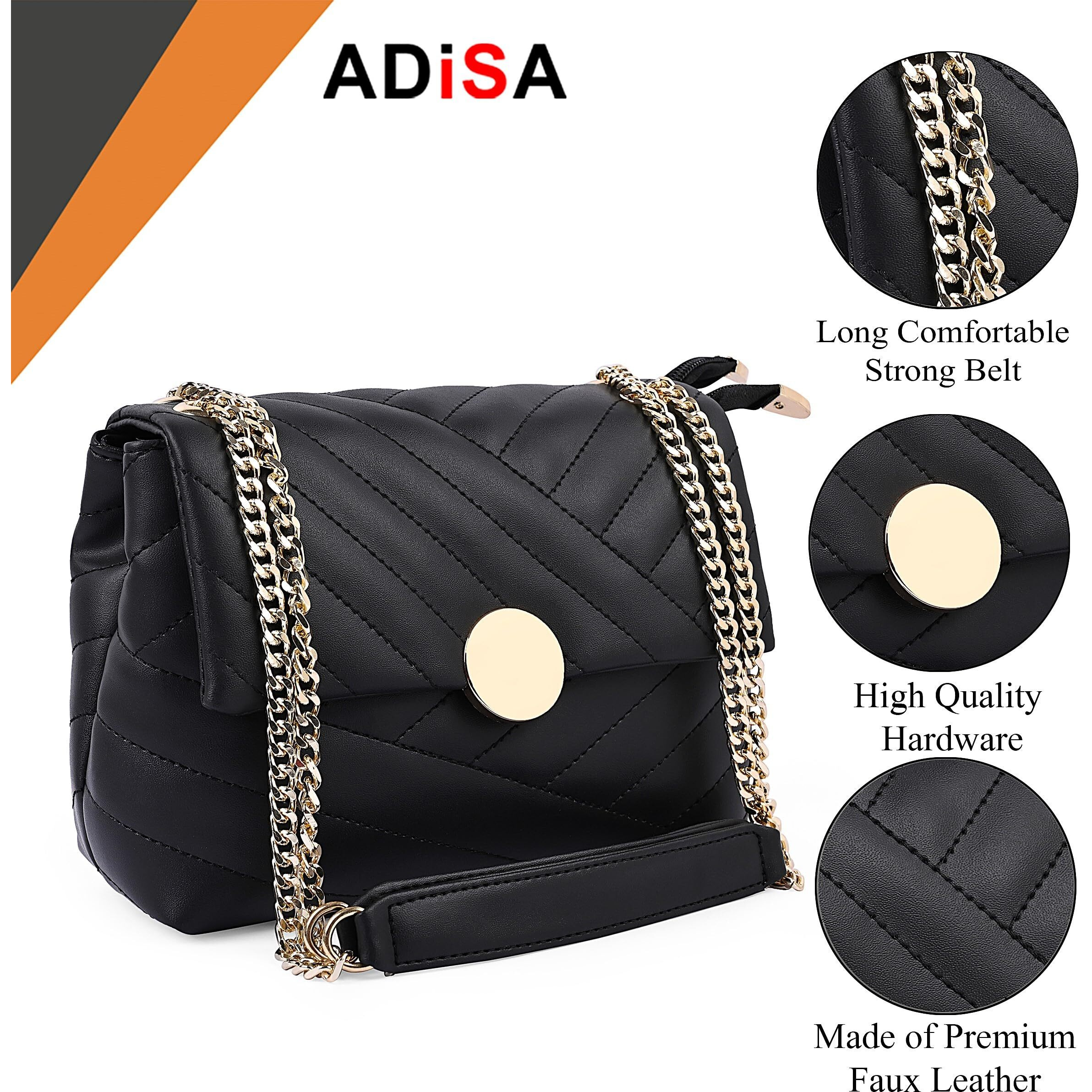 ADISA Women's Girls Quilted Cross Body Sling Bag with Gold Chain (SL5136_Black)