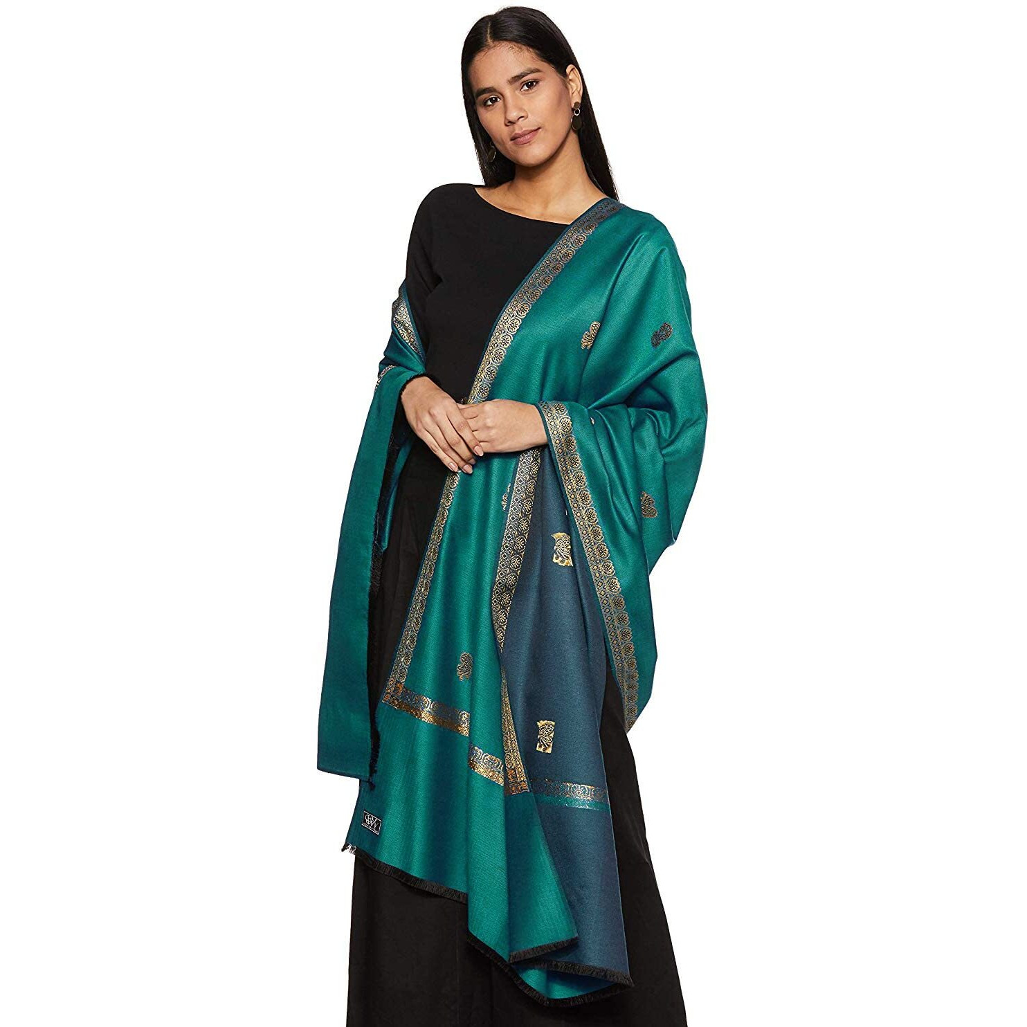 Weavers Villa - Women's Green Jacquard Woolen Shawls, Stoles, 100cm X 200cm