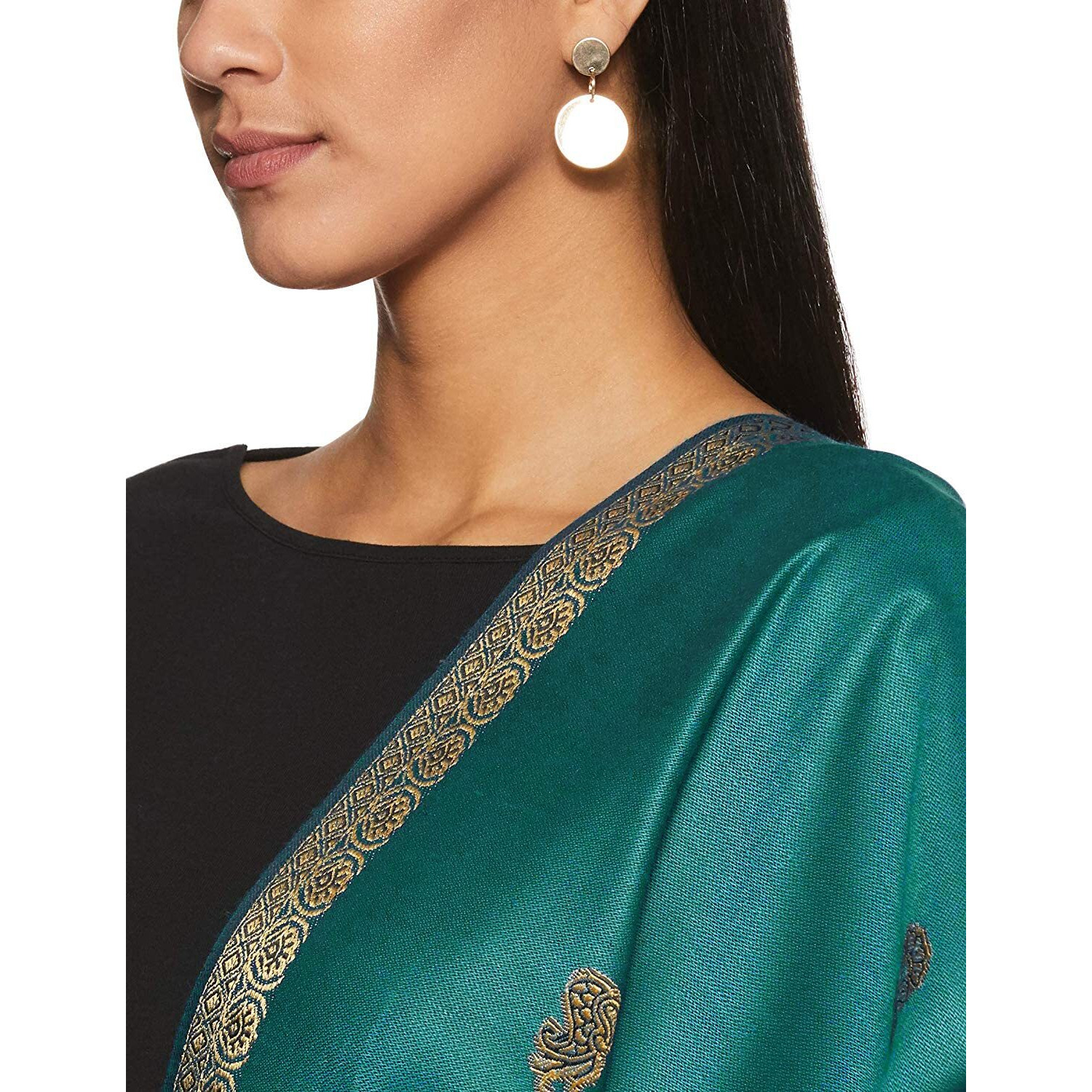 Weavers Villa - Women's Green Jacquard Woolen Shawls, Stoles, 100cm X 200cm