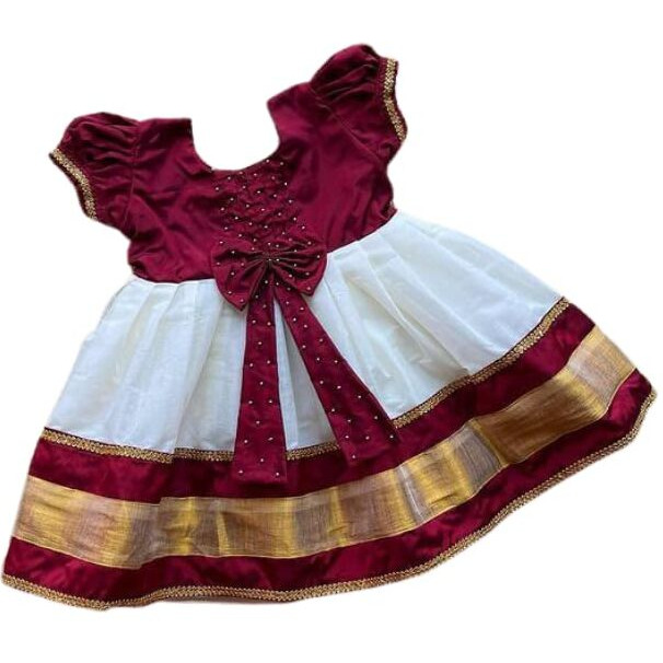 Angel f Studio Girls Cotton Silk Fit and Flare Midi Pattu Pavadai Dress for Kids (Kd_Korianzari-Pink-910_Maroon & White,Medium, Medium
