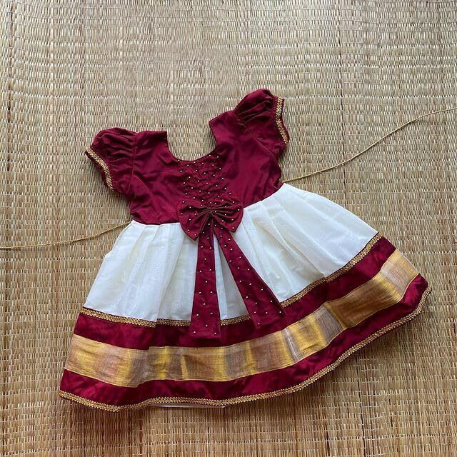 Angel f Studio Girls Cotton Silk Fit and Flare Midi Pattu Pavadai Dress for Kids (Kd_Korianzari-Pink-910_Maroon & White,Medium, Medium