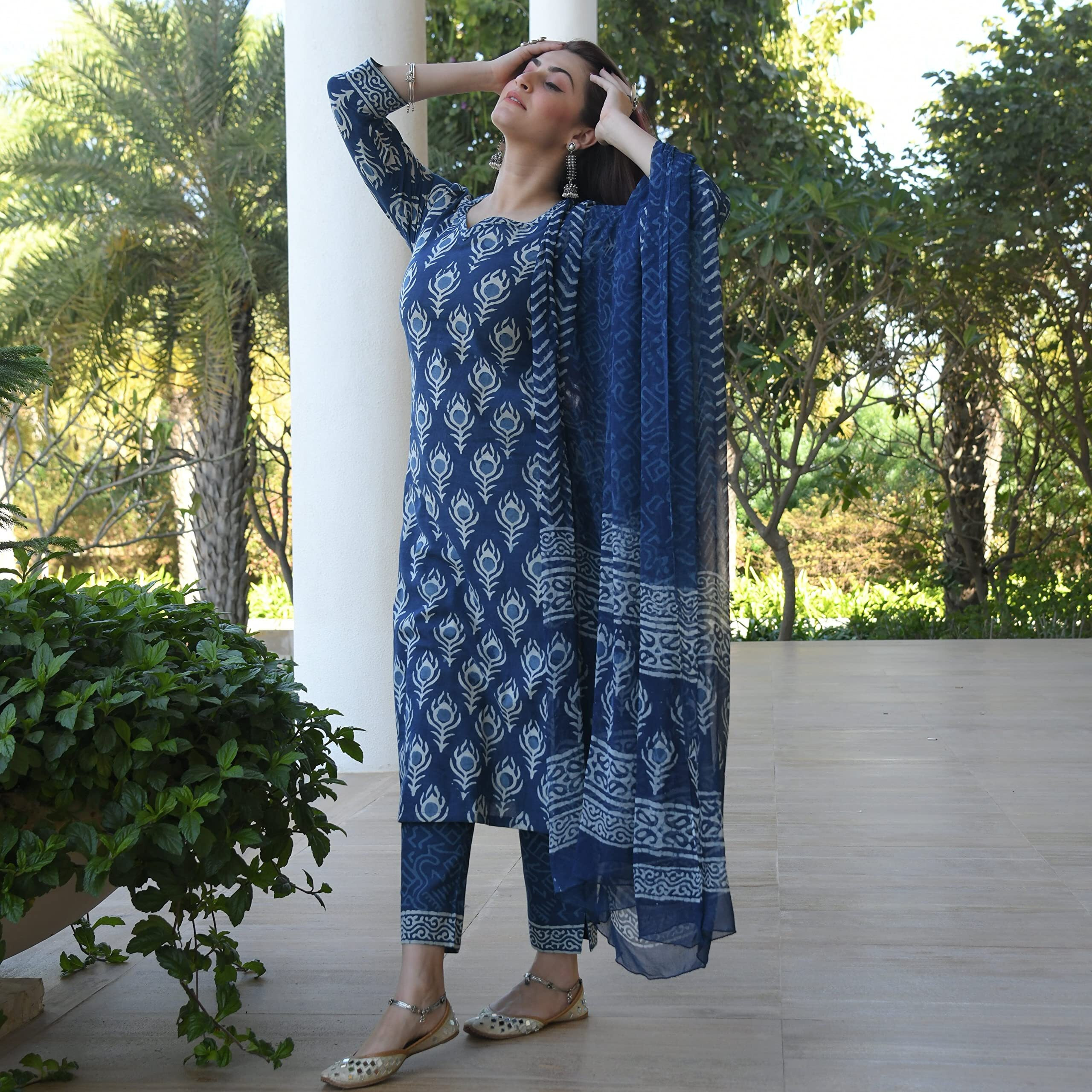 KLOSIA Women Blue Indigo Printed Kurta Set with Dupatta (X-Large)