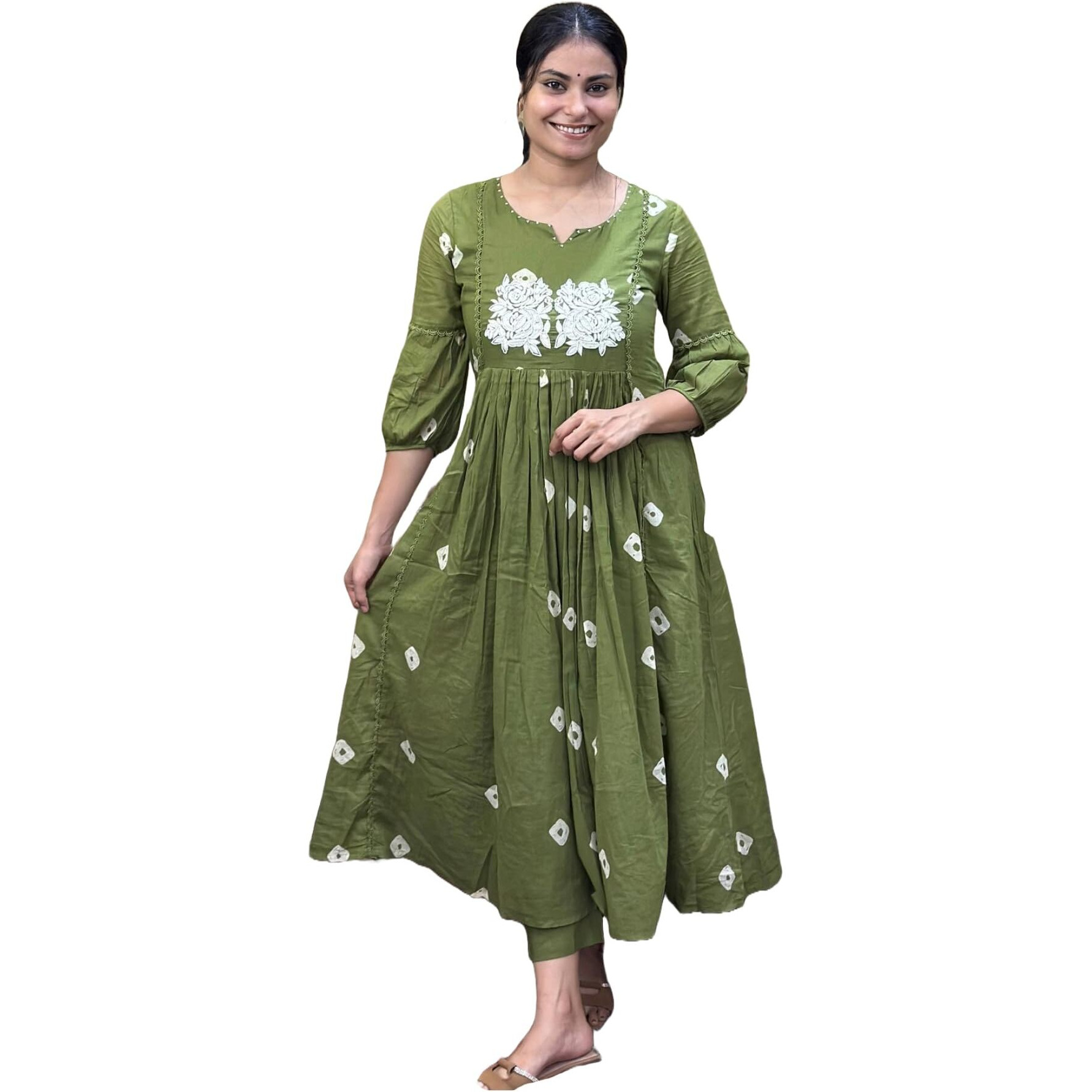 GoSriKi Women's Rayon Blend Anarkali Printed Kurta with Pant (ANVESHI Methi-GS_M_Green_Medium)