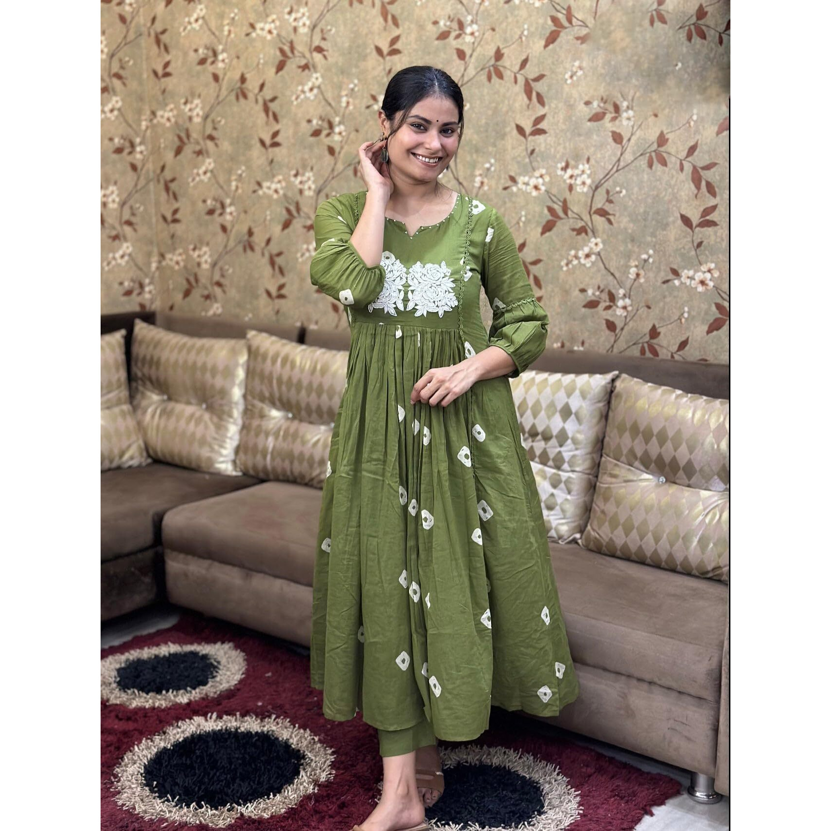 GoSriKi Women's Rayon Blend Anarkali Printed Kurta with Pant (ANVESHI Methi-GS_M_Green_Medium)