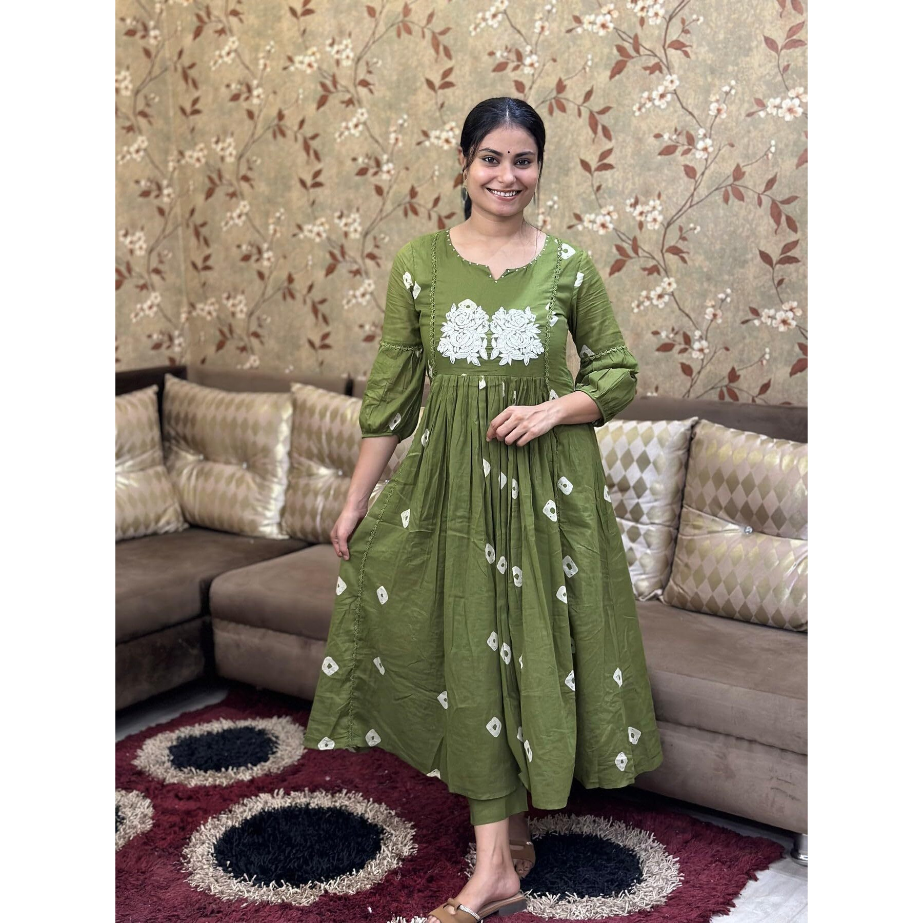 GoSriKi Women's Rayon Blend Anarkali Printed Kurta with Pant (ANVESHI Methi-GS_M_Green_Medium)