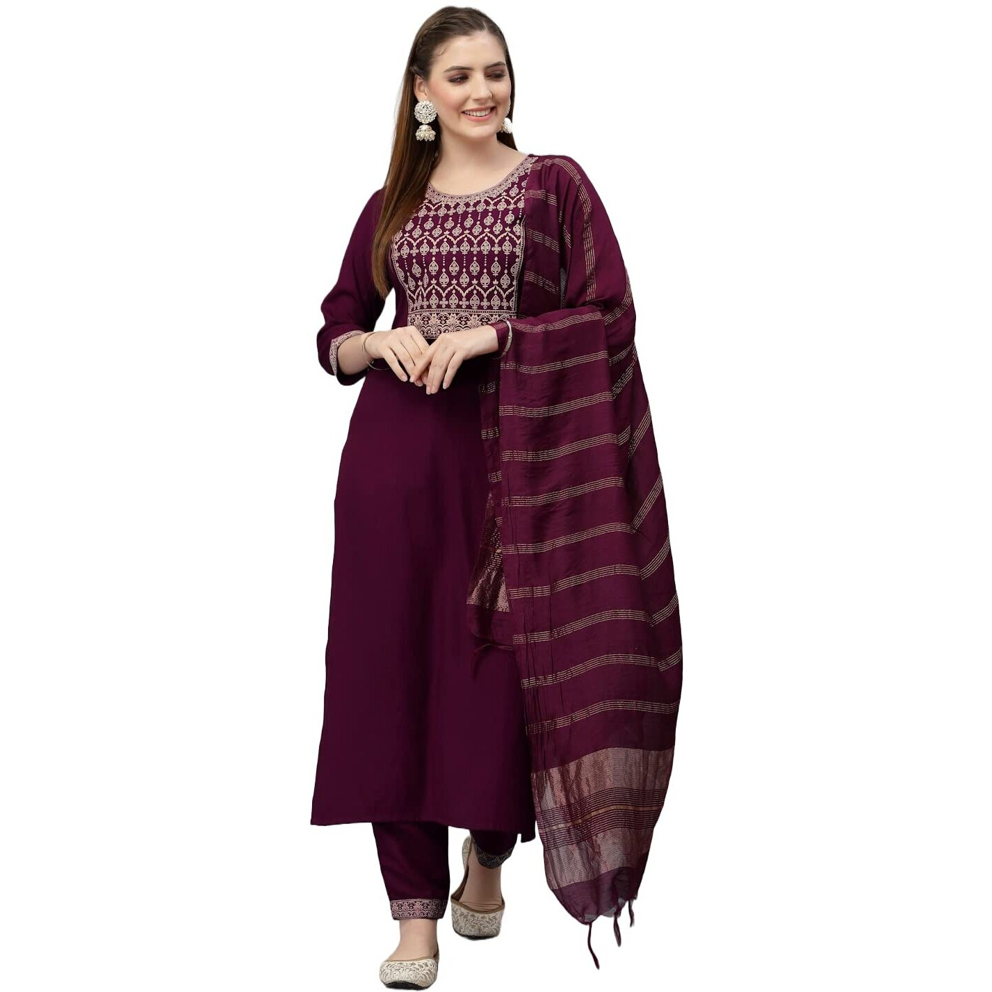 KLOSIA Women Embroidered Kurta and pant with dupatta suit set (X-Large)