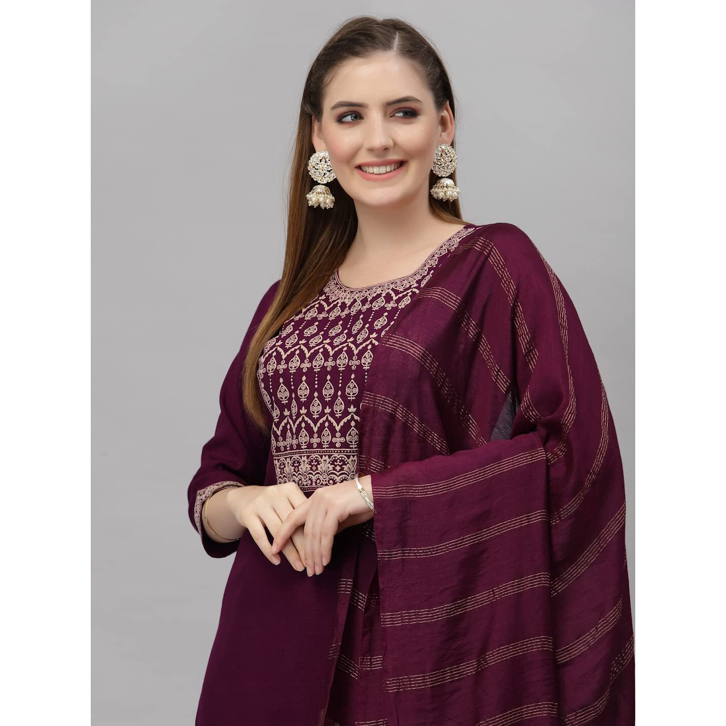 KLOSIA Women Embroidered Kurta and pant with dupatta suit set (X-Large)