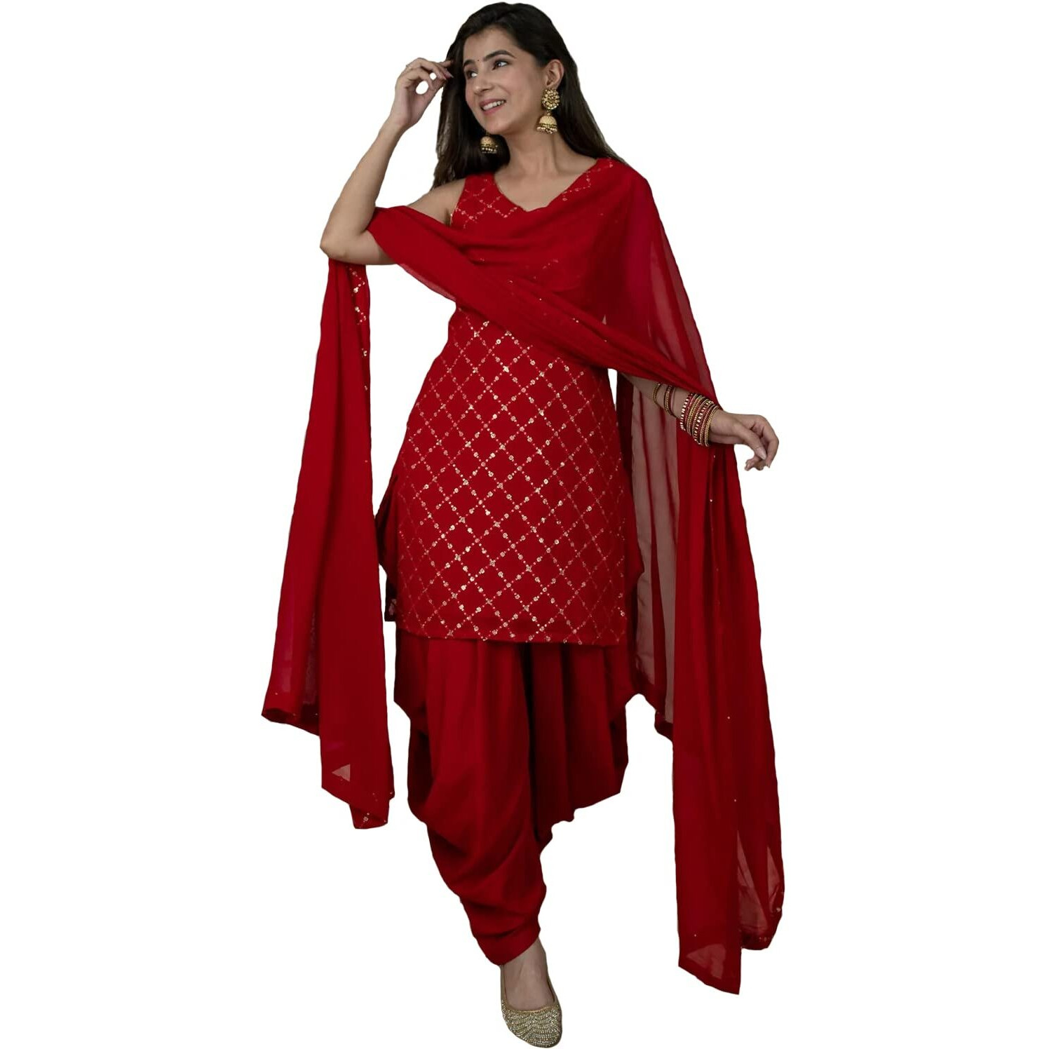 Xomantic Fashion Red Color Kurta patiala Set With Dupatta (Small, Red)