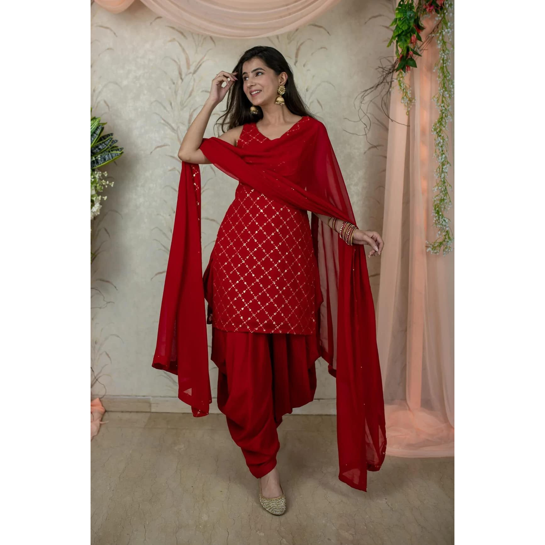 Xomantic Fashion Red Color Kurta patiala Set With Dupatta (Small, Red)