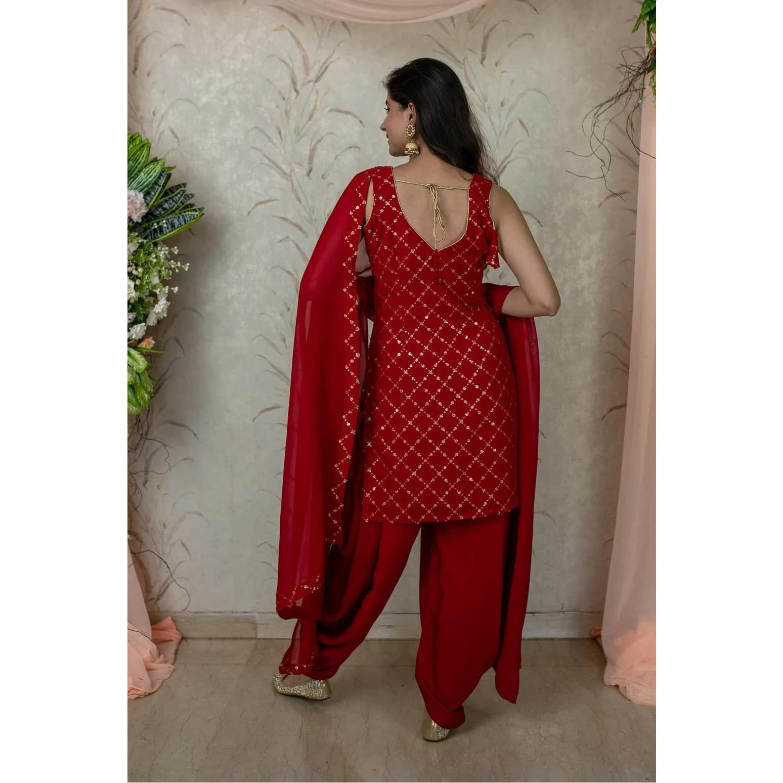 Xomantic Fashion Red Color Kurta patiala Set With Dupatta (Small, Red)