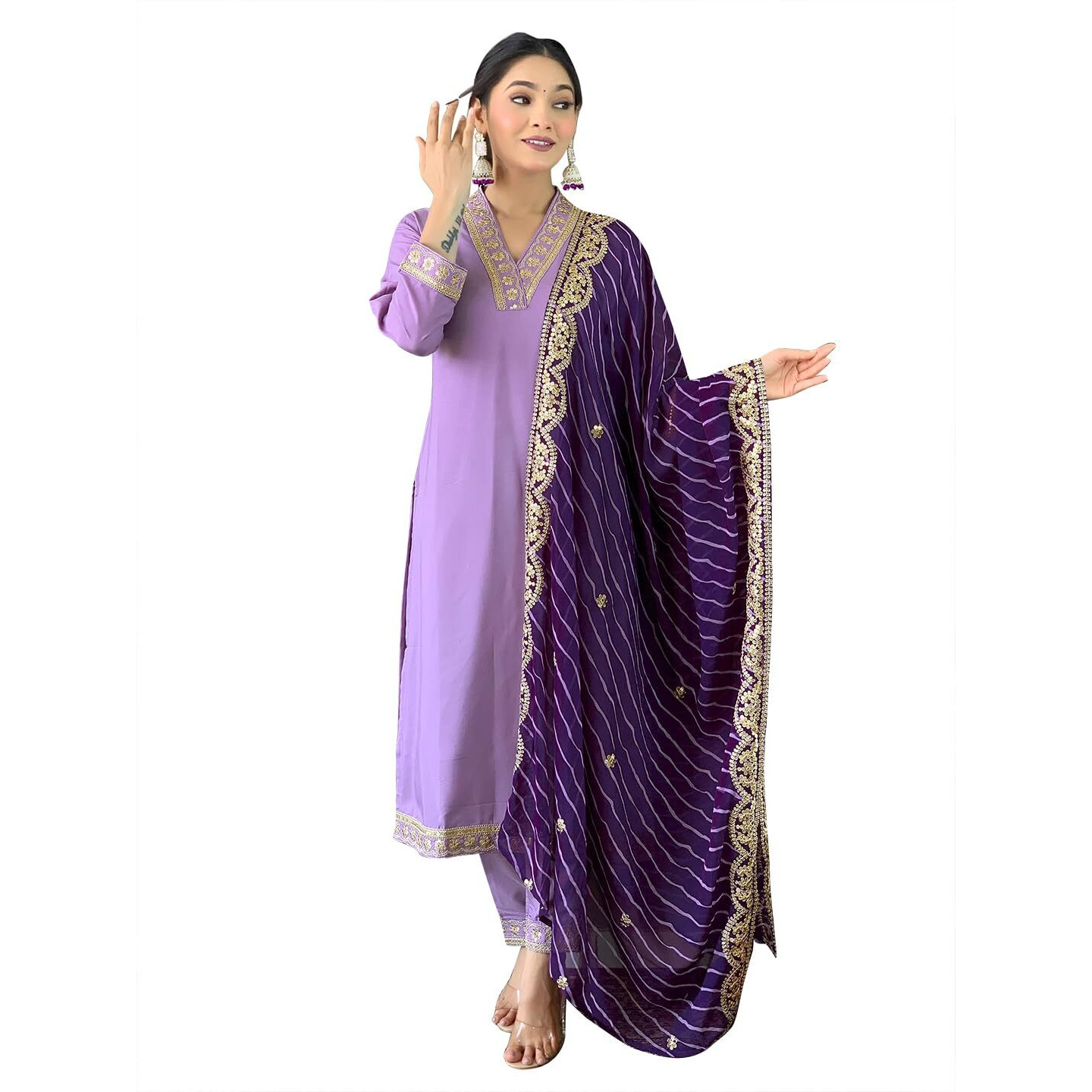 Naixa Women's Purple BSY Viscose Embroidered Straight Kurta with BSY Viscose Pant and Silk Blend Laced Dupatta Sets (NX-450-Purple-M)