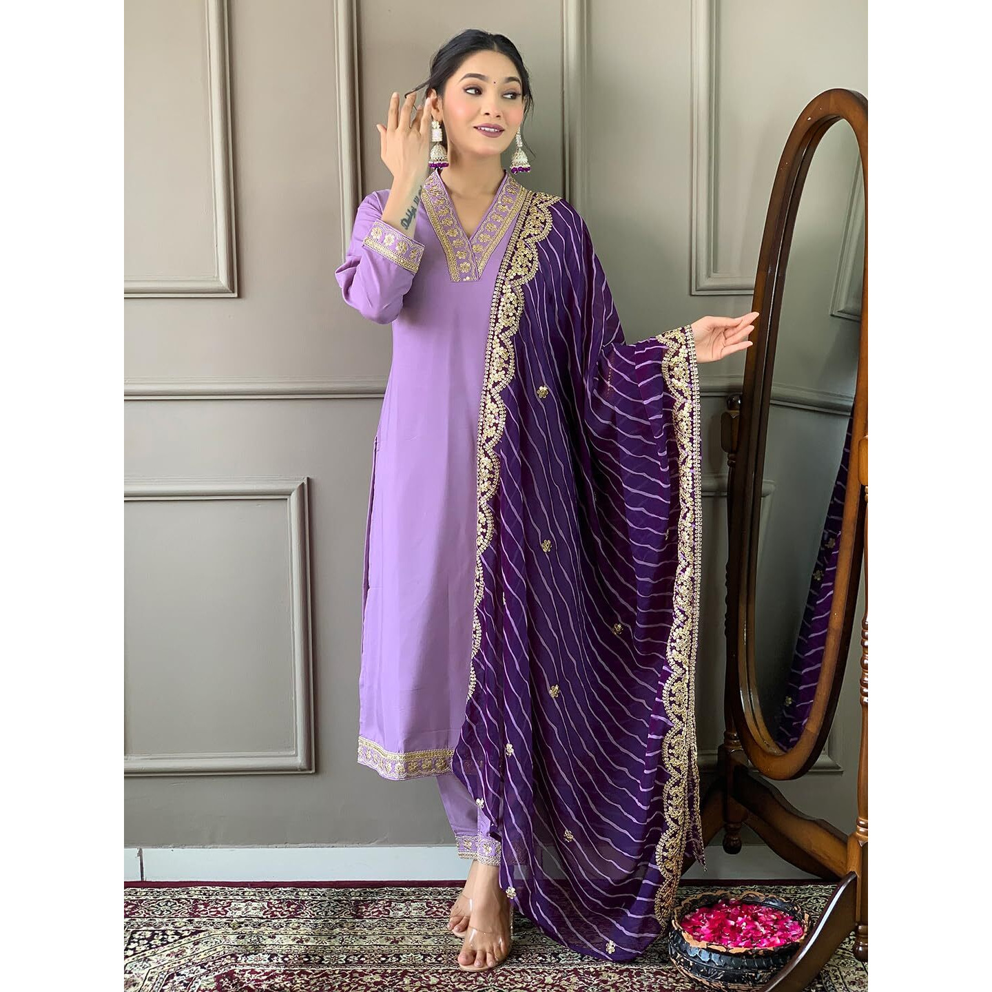Naixa Women's Purple BSY Viscose Embroidered Straight Kurta with BSY Viscose Pant and Silk Blend Laced Dupatta Sets (NX-450-Purple-M)