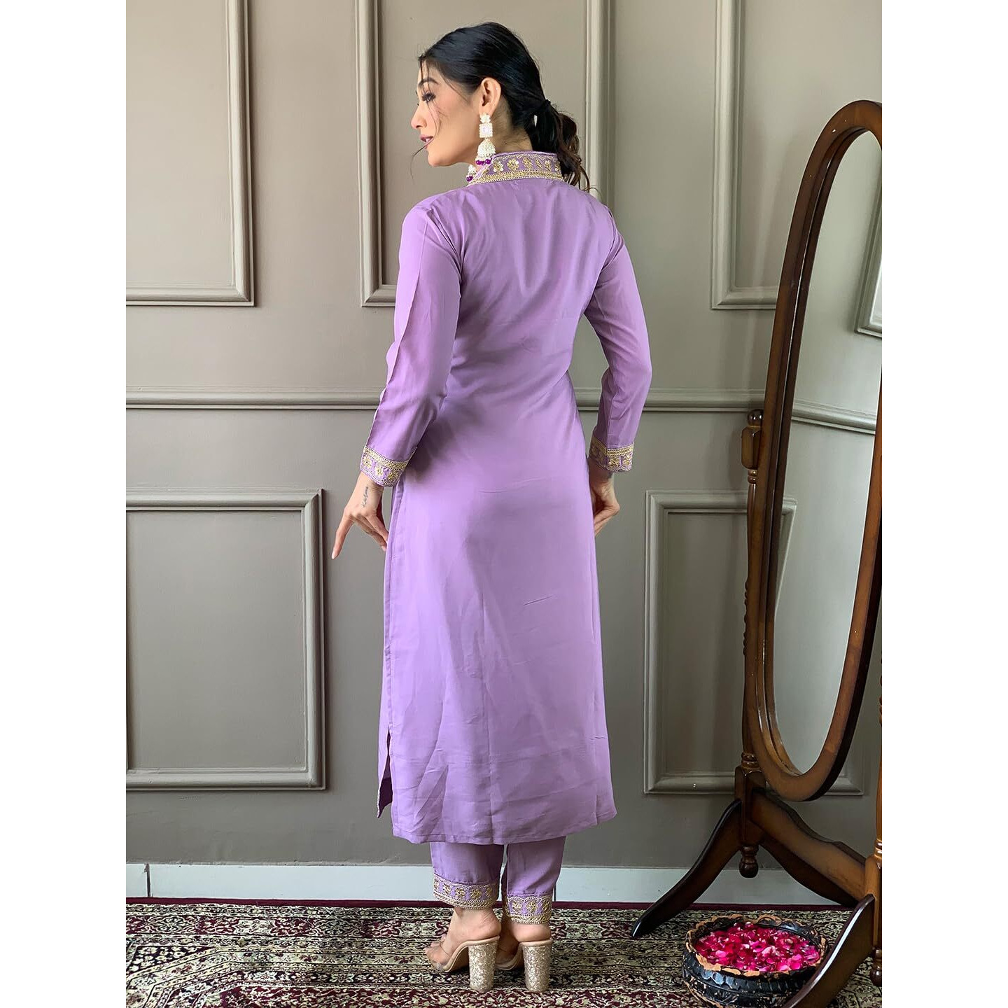 Naixa Women's Purple BSY Viscose Embroidered Straight Kurta with BSY Viscose Pant and Silk Blend Laced Dupatta Sets (NX-450-Purple-M)