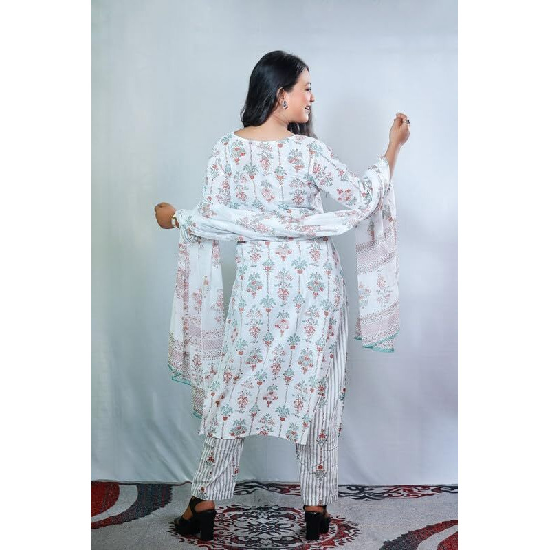 Pinkmint Women's Printed V Neck Kurta and Pant Set with Dupatta