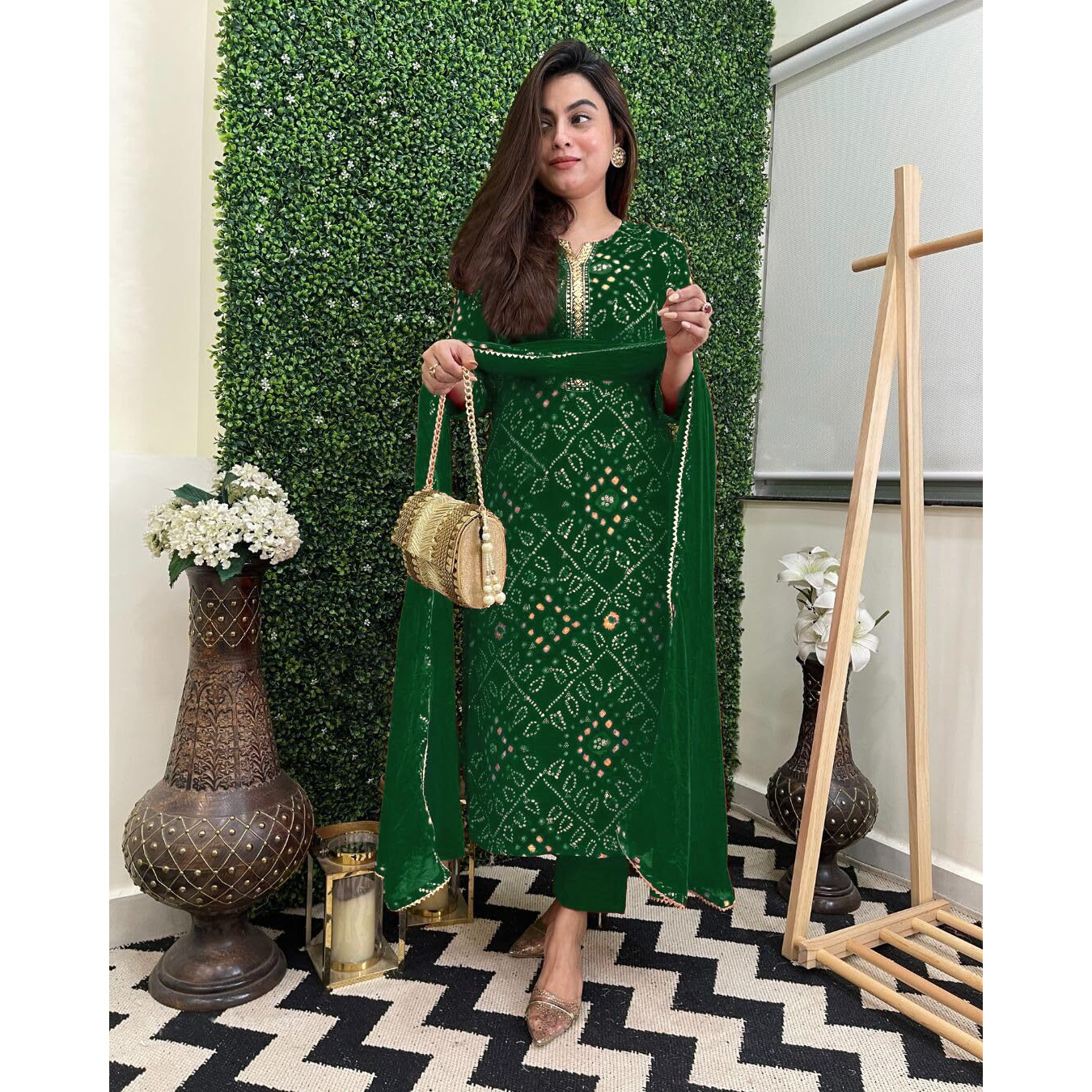 GoSriKi Women's Rayon Blend Straight Printed Kurta with Pant & Dupatta (TURAE Green-GS_4XL_Green_XXXX-Large)