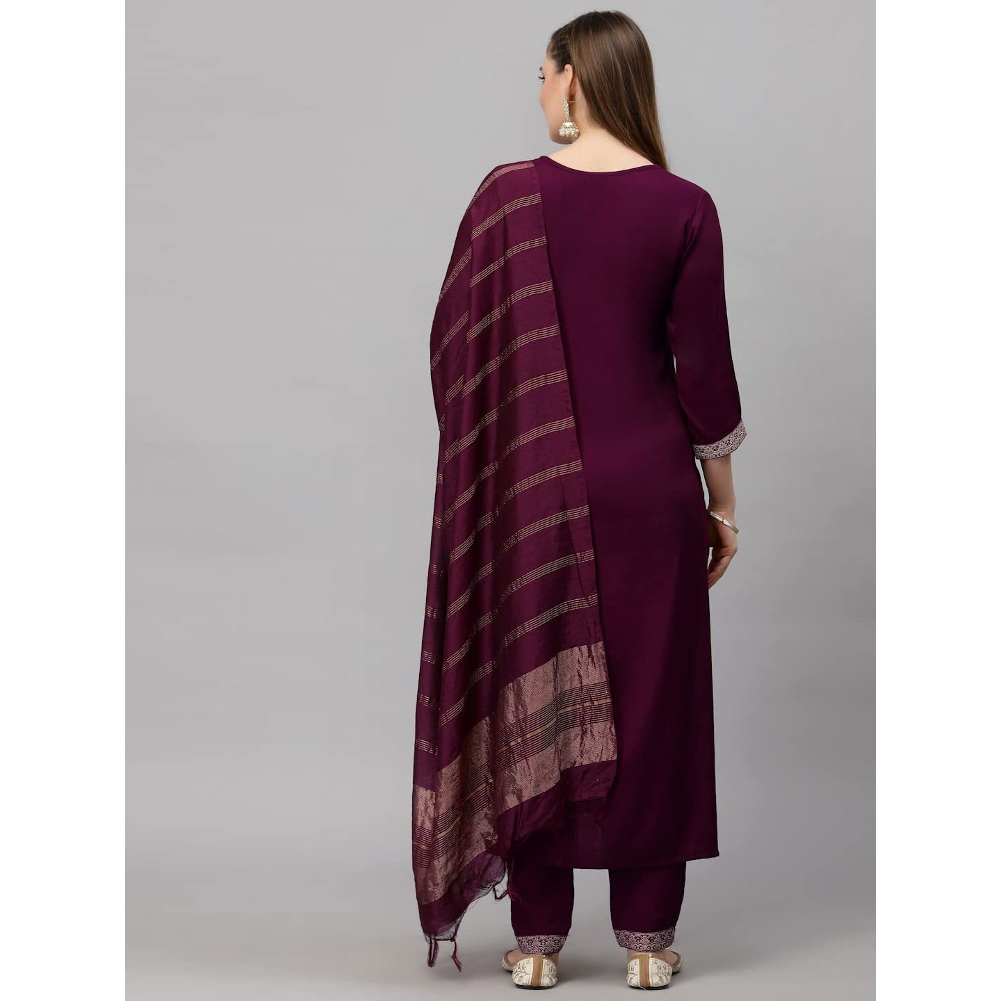 KLOSIA Women Embroidered Kurta and Pant with Dupatta Suit Set (Medium) Wine