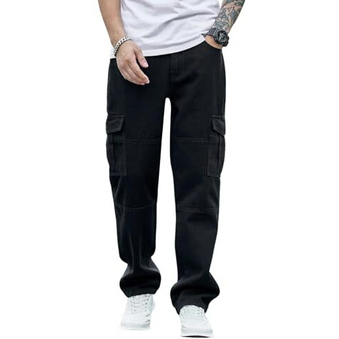 GRECIILOOKS Mens Classic Cotton Regular Fit Jeans (Black, 30)