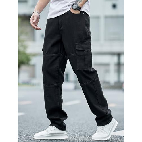 GRECIILOOKS Mens Classic Cotton Regular Fit Jeans (Black, 30)