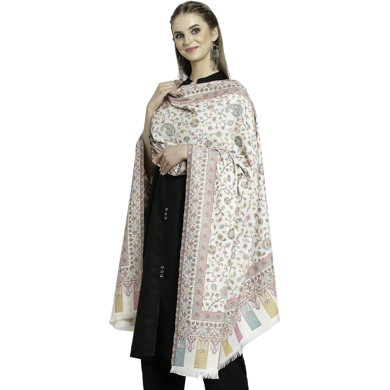 Weavers Villa Women's Woven Soft Shawls, Wraps (SH-517-WHITE), 100cm X 200cm