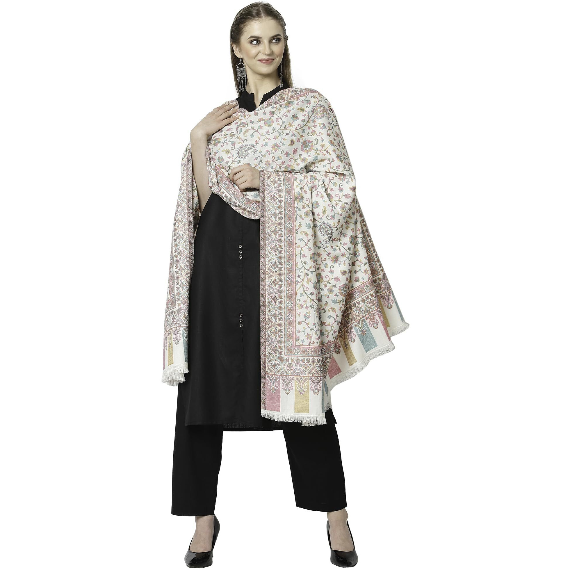 Weavers Villa Women's Woven Soft Shawls, Wraps (SH-517-WHITE), 100cm X 200cm