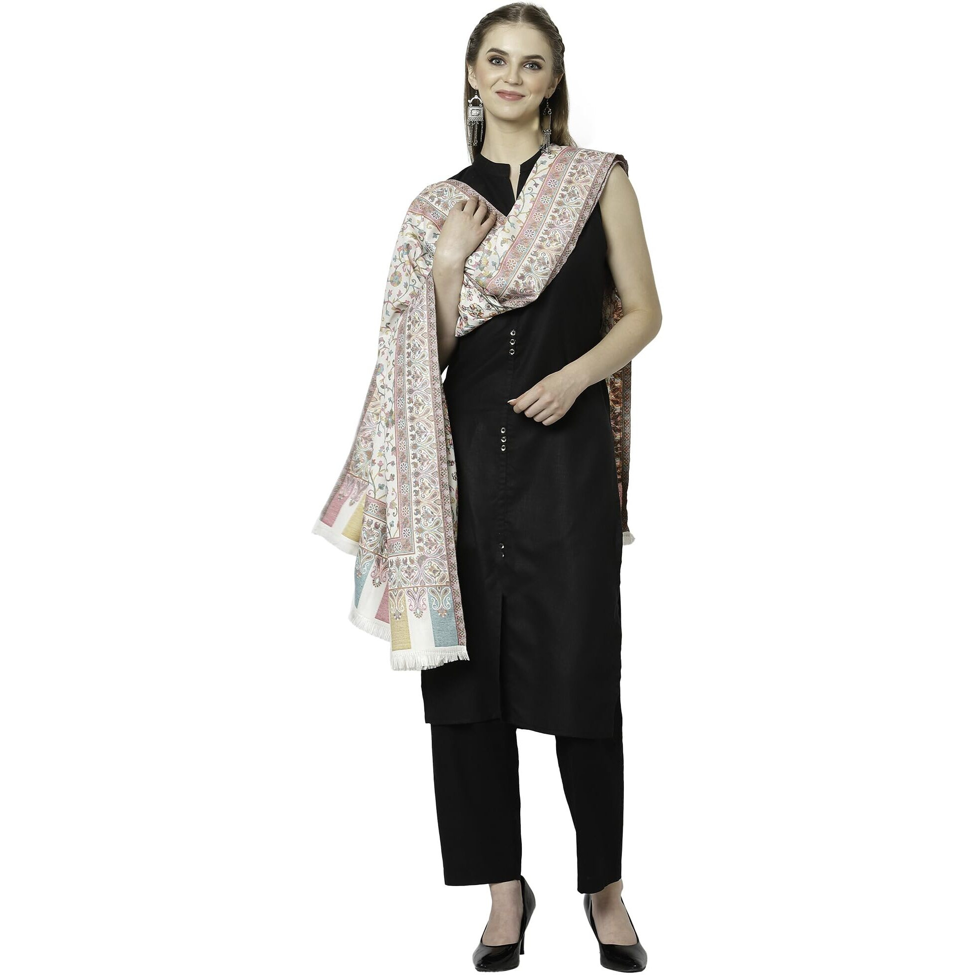 Weavers Villa Women's Woven Soft Shawls, Wraps (SH-517-WHITE), 100cm X 200cm