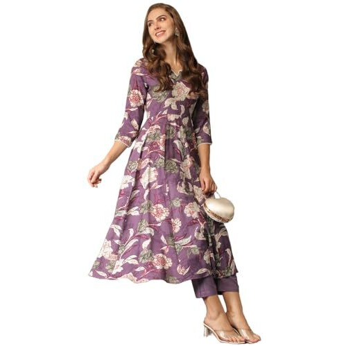 ANNI DESIGNER Women's Cotton Blend Anarkali Printed Kurta with Pant (Damian Purple_M_Wine_Medium)