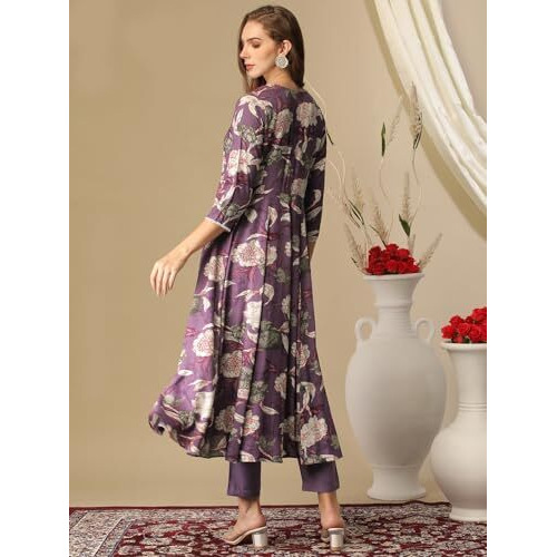 ANNI DESIGNER Women's Cotton Blend Anarkali Printed Kurta with Pant (Damian Purple_M_Wine_Medium)