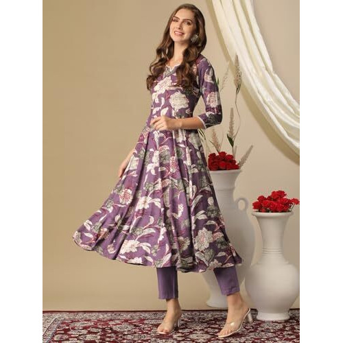 ANNI DESIGNER Women's Cotton Blend Anarkali Printed Kurta with Pant (Damian Purple_M_Wine_Medium)