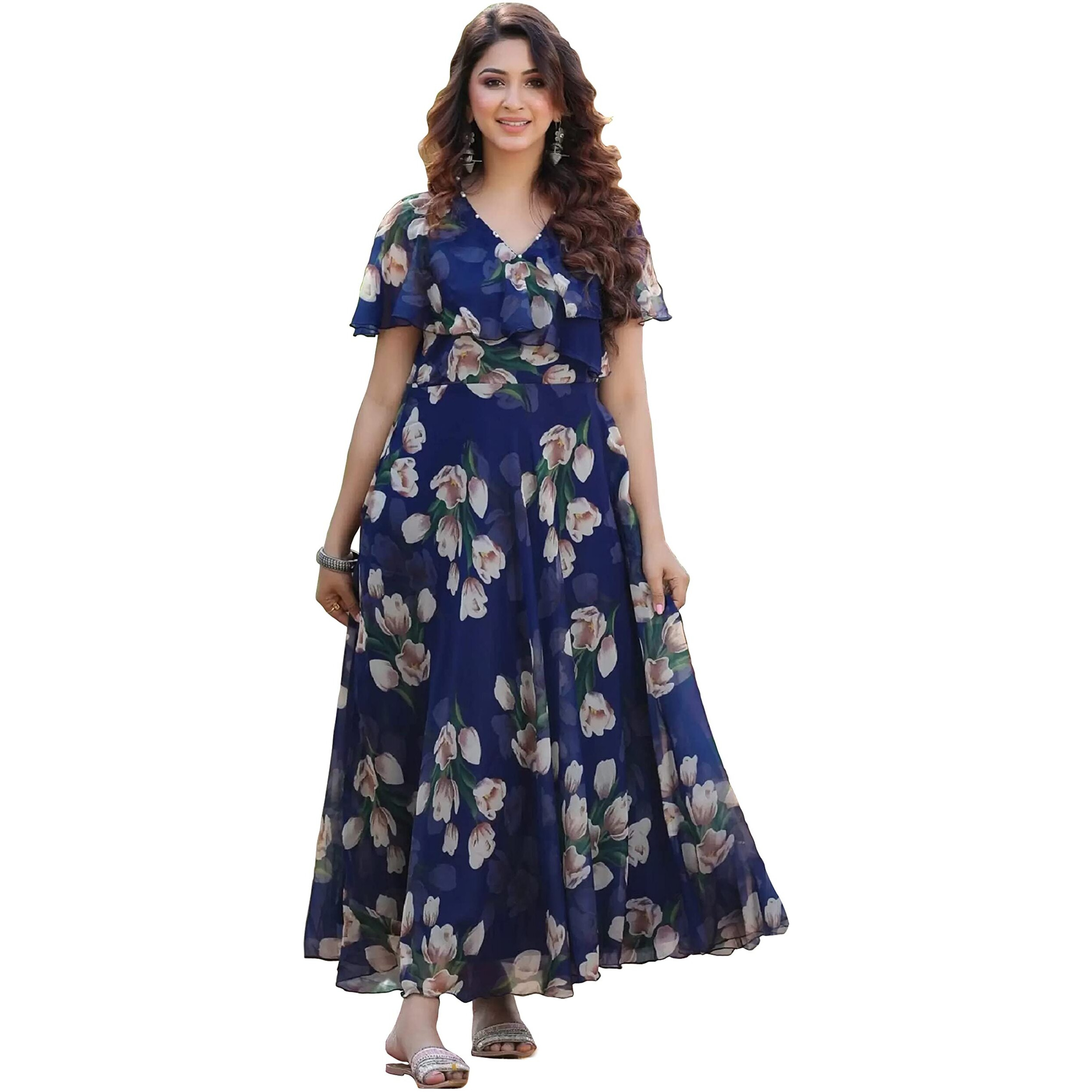 Shasmi Women's Georgette Digital Floral Printed Gown Dress for Women (Gown Dress 35) (XXX-Large, N Blue)