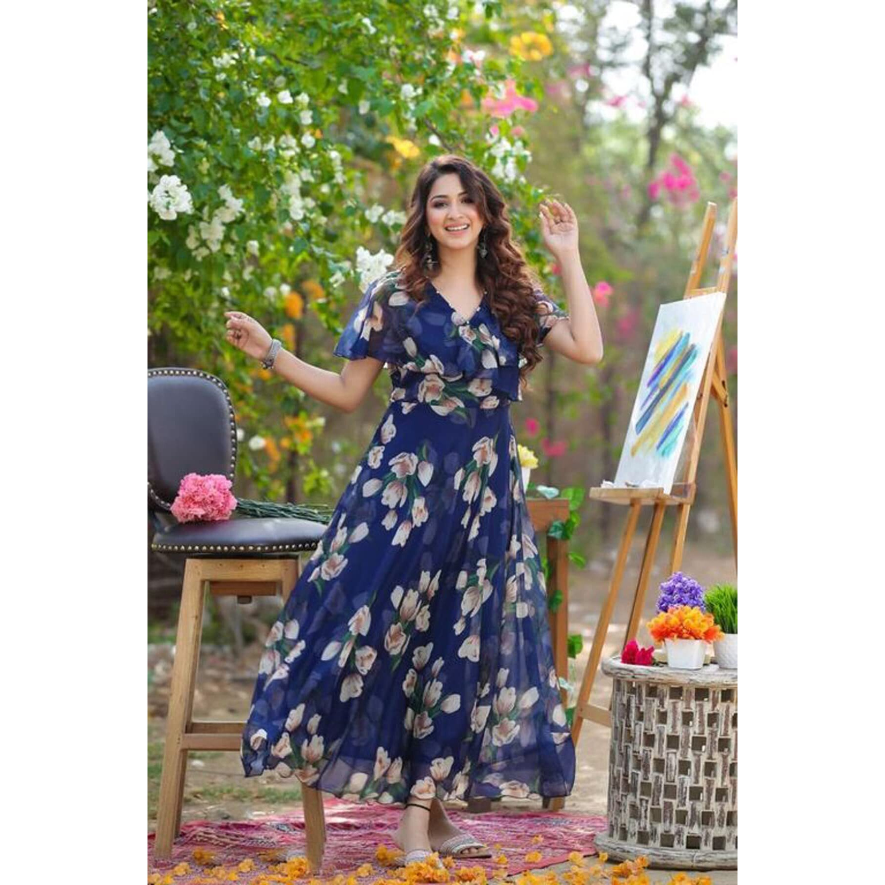 Shasmi Women's Georgette Digital Floral Printed Gown Dress for Women (Gown Dress 35) (XXX-Large, N Blue)