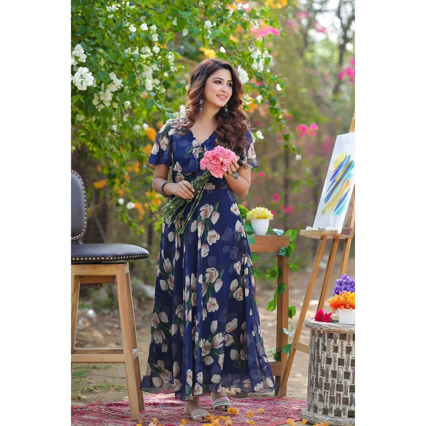 Shasmi Women's Georgette Digital Floral Printed Gown Dress for Women (Gown Dress 35) (XXX-Large, N Blue)