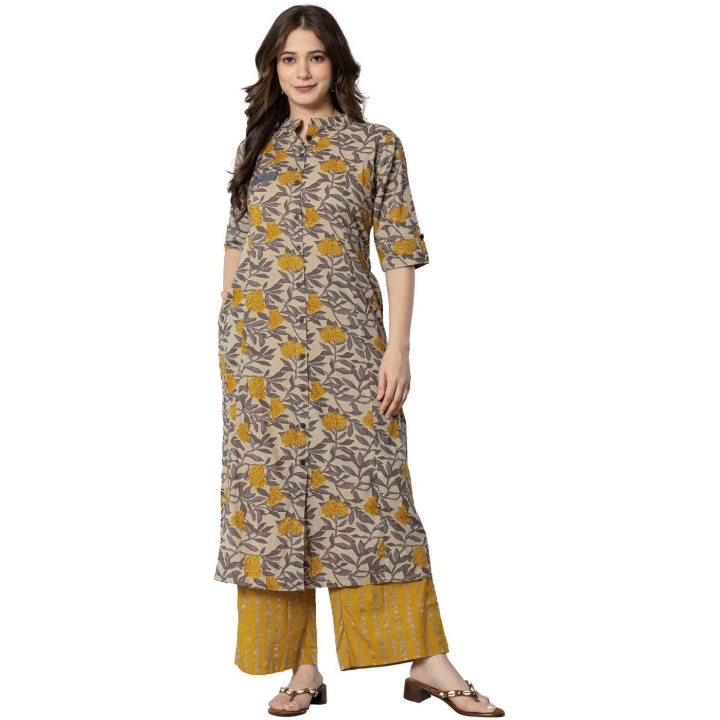 rytras Women's Cotton Printed A-Line Kurta with Palazzo Pant Set(Maroon,RYT583,S)