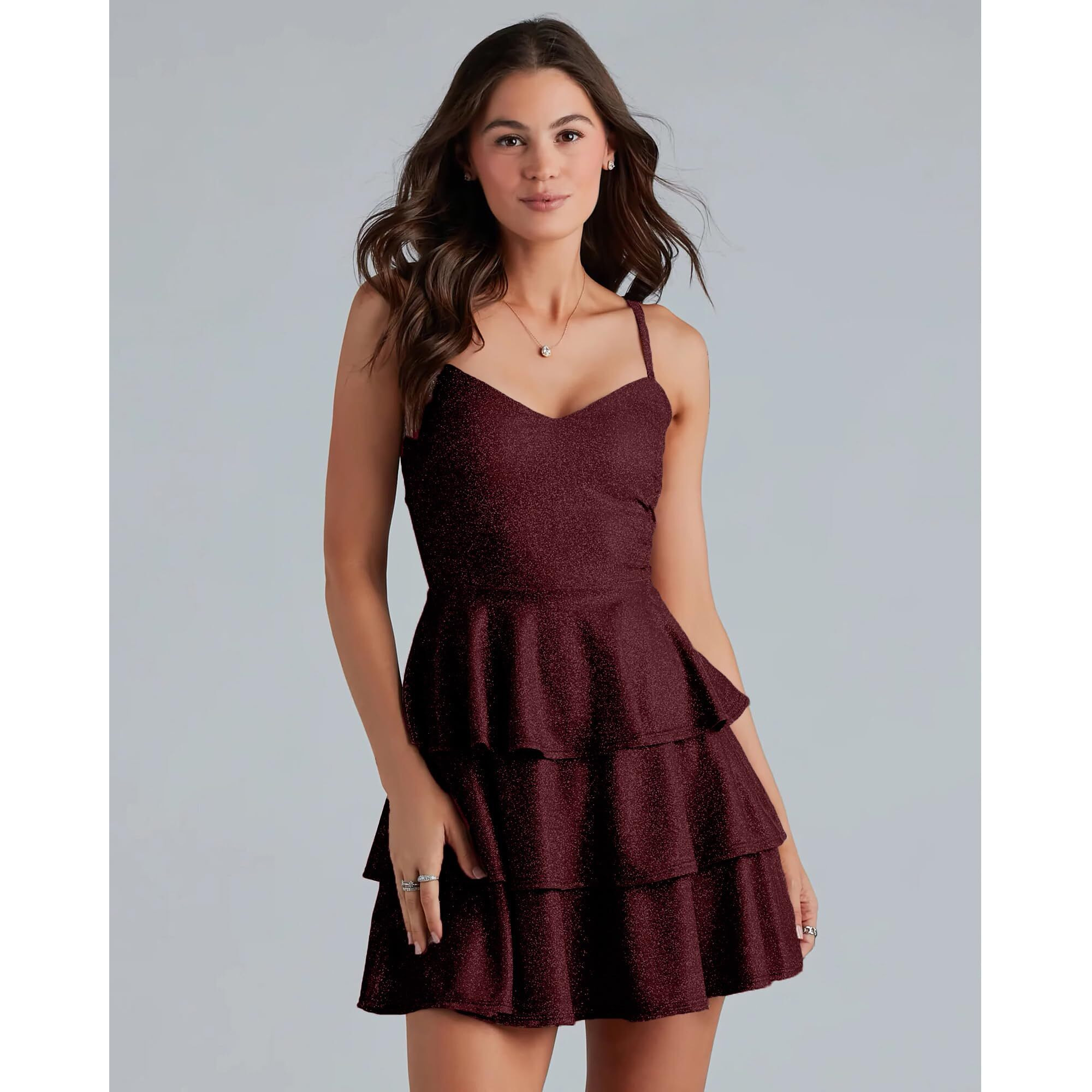 ADDYVERO V-Neck Shoulder Straps Sleeve Glam Glitter Ruffled Tiered Fit Above Knee Length Women Solid Fit and Flare Dress (Maroon, S)