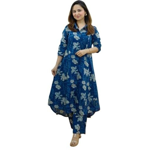 GRECIILOOKS Womens A-Line Rayon Regular Fit Kurta Set (Blue, X-Large)