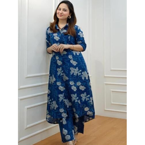 GRECIILOOKS Womens A-Line Rayon Regular Fit Kurta Set (Blue, X-Large)