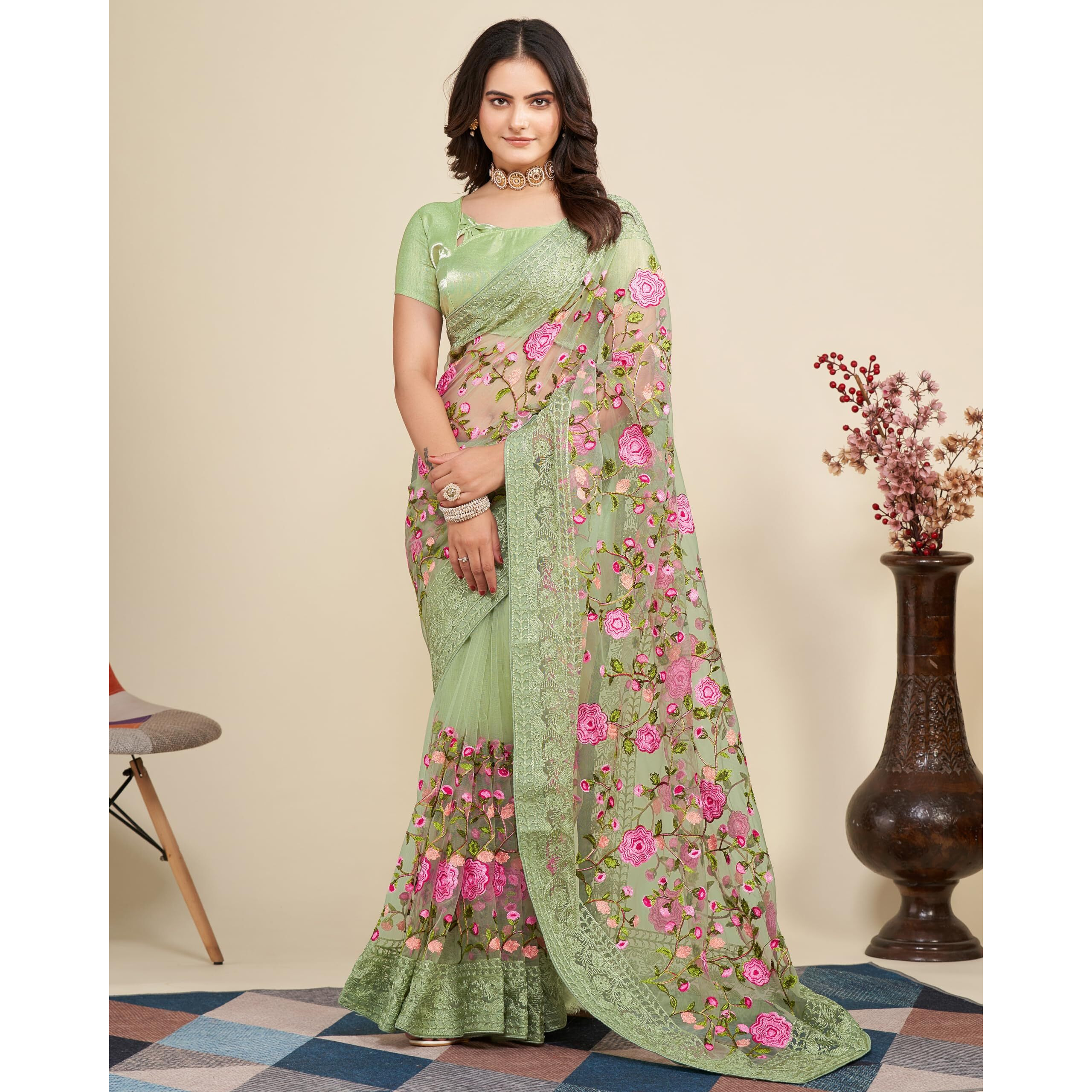 VAIRAGEE Women Soft Net Olive Green Embroidery Saree 6079_6