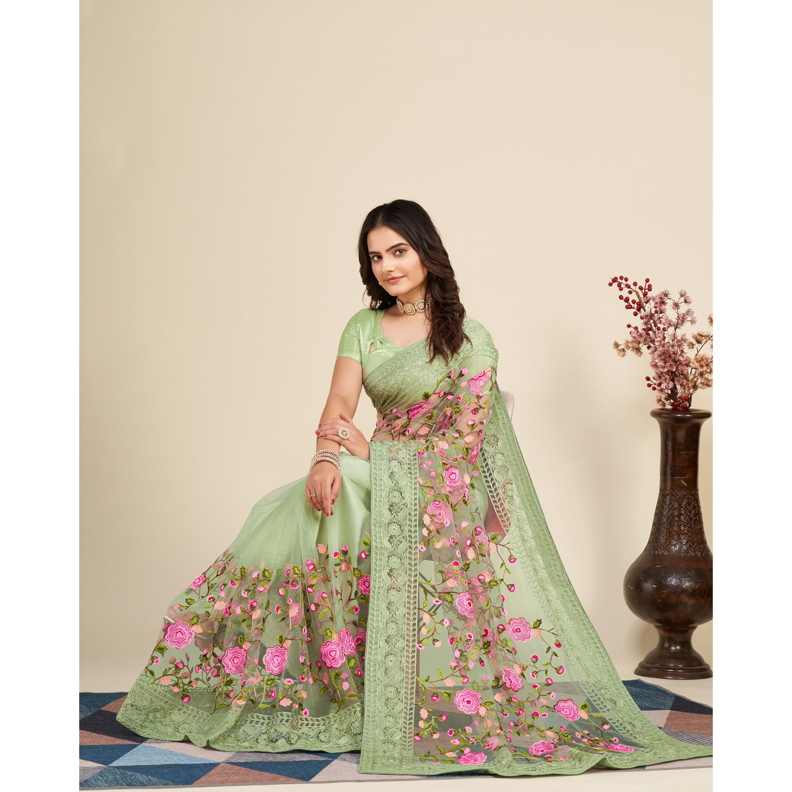 VAIRAGEE Women Soft Net Olive Green Embroidery Saree 6079_6
